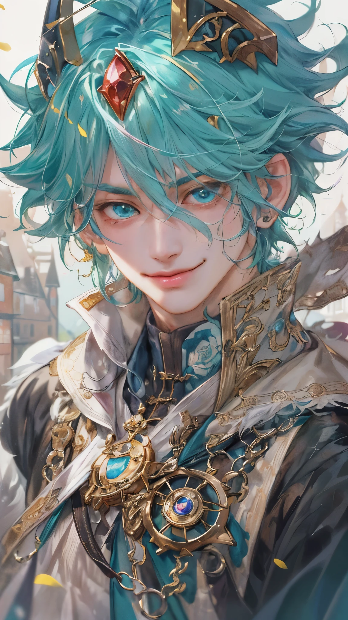 ((absurdres, highres, ultra detailed), 1 boy, front view, young boy, handsome boy villain character from Pretty Cure, male version, detailed hair with detailed headgear ornaments, detailed short hair, anime eyes, bangs, detailed mage clothes with brown cape with little purple details showing, finely detailed eyes red details showing and detailed face, smirk, dimples, extremely detailed CG unity 8k wallpaper, blue details on side, intricate details yellow details on left, portrait, ruin of pink roses, market theme , eyes on viewer, detailed houses town scenery background