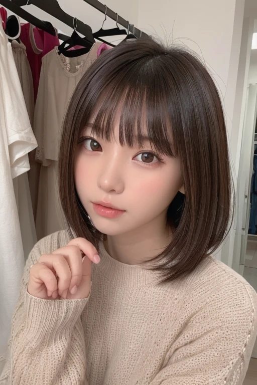 one girl, (a beauty girl, delicate girl:1.3), (13 years old, :1.3),
rest, (OK:1.3),
rest, Very fine eye definition, (symmetrical eyes:1.3),
rest, (Inside the fitting room, Open the curtains:1.3), perfectly manicured fingers,
rest, small breasts, brown eyes, parted bangs, brown hair,  girl,
rest, (Eyes and facial details:1.0),
rest, (masterpiece, 最OK质量, Super detailed, Detailed face, 8k)