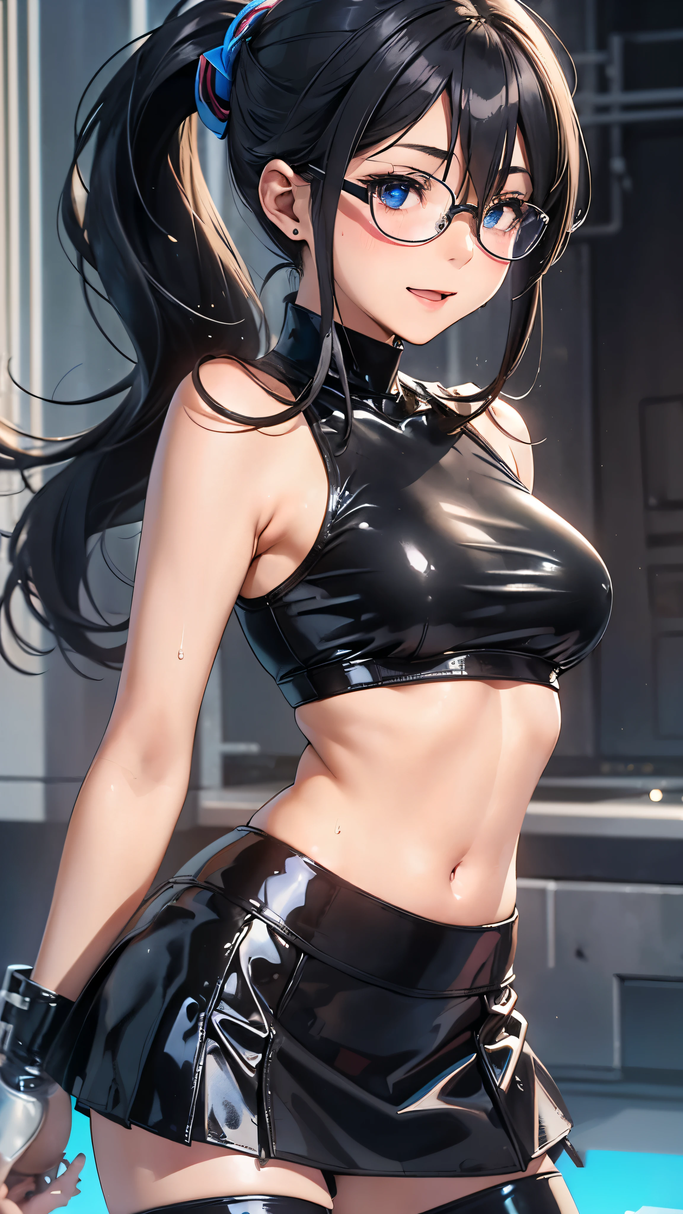 1 female,black hair,25 years old,(((blue shiny micro tight skirt)))((white tank top))(((blush、open mouth smile)),(((straight hair))),(((portrait))),crowd,,(wet with sweat)(sexy black bra and see-through tank top)(Glasses)(((small breasts)))((low ponytail))leather thigh high boots