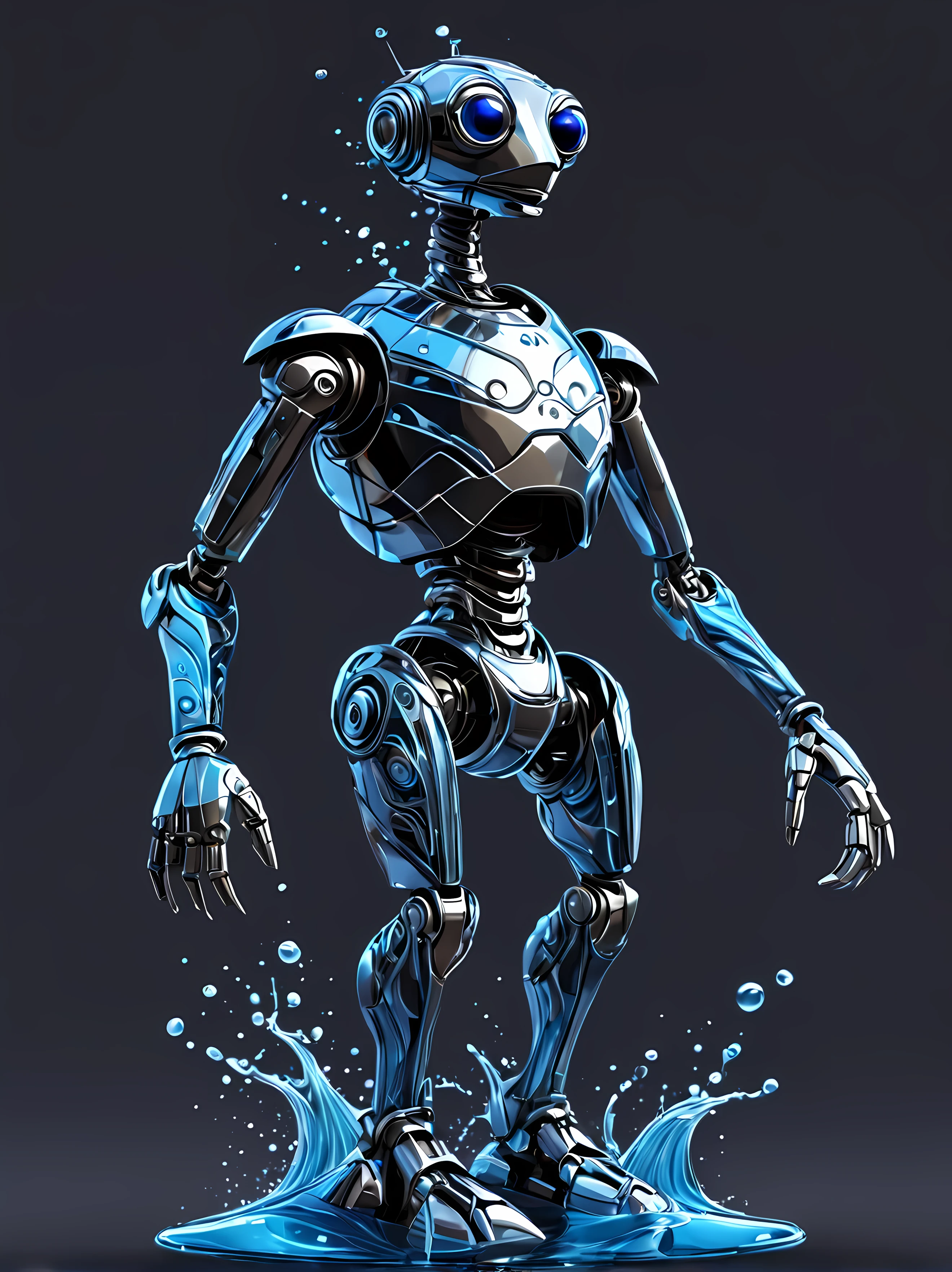 Vector Cartoon Illustration, full shot, design a mesmerizing mechanical puppet representing water, featuring a sleek exterior resembling liquid metal, with transparent components, hues of blue and silver, ((wave-like patterns)), ((iridescence and magic)), masterpiece in maximum 16K resolution, superb quality. | ((More_Detail))