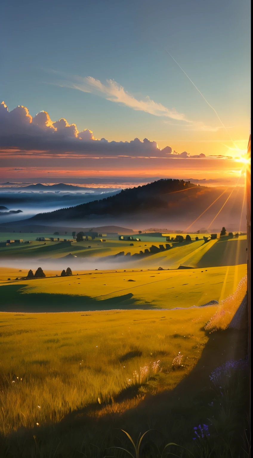 first rays of the morning sun，shining in the clouds, grassland