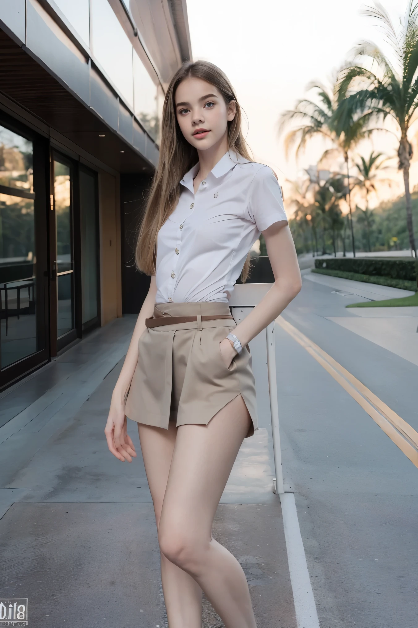 Masterpiece, Best Quality), pale skin, (baby face), Pattaya beach background, student uniform t, tight mini skirt:1.3), (skinny thigh:1.9, narrow waist, skinny body, long legs, skinny legs:1.9), blonde hair, (huge , lift butt up, straight legs), expose belly button, (wide thigh gap:1.6, wide gap between thighs:1.6), forward full Body, nipple projection, pink bulge, camel-toe bulge, (face age Barbara Palvin