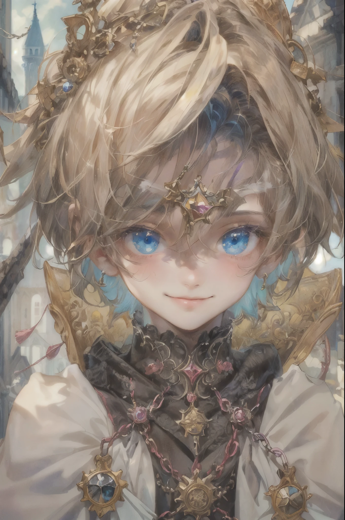 ((absurdres, highres, ultra detailed), 1 boy , front view, young boy, handsome boy villain character from sugar sugar rune, detailed hair with detailed headgear ornaments, detailed short hair, anime eyes, detailed mage clothes with brown cape with little purple details showing,finely detailed eyes red details showing and detailed face, smirk, dimples, extremely detailed CG unity 8k wallpaper, blue details on side, intricate details yellow details on left, portrait, ruin of pink roses, market theme, eyes on viewer, detailed houses town scenery background