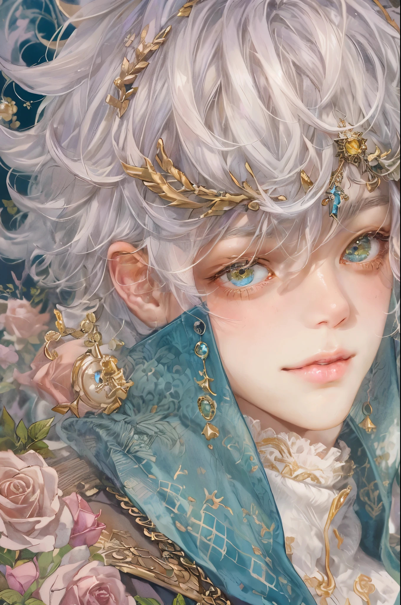 ((absurdres, highres, ultra detailed), 1 boy , front view, young boy, handsome boy villain character from sugar sugar rune, detailed hair with detailed headgear ornaments, detailed short hair, anime eyes, detailed mage clothes with brown cape with little purple details showing,finely detailed eyes red details showing and detailed face, smirk, dimples, extremely detailed CG unity 8k wallpaper, blue details on side, intricate details yellow details on left, portrait, ruin of pink roses, market theme, eyes on viewer, detailed houses town scenery background