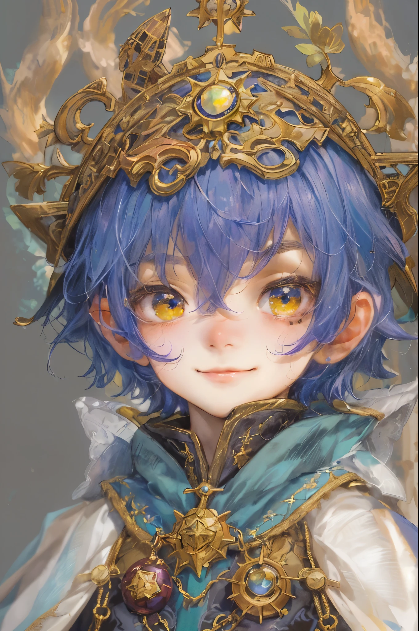 ((absurdres, highres, ultra detailed), 1 boy , front view, young boy, handsome boy villain character from sugar sugar rune, detailed hair with detailed headgear ornaments, detailed short hair, anime eyes, detailed mage clothes with brown cape with little purple details showing,finely detailed eyes red details showing and detailed face, smirk, dimples, extremely detailed CG unity 8k wallpaper, blue details on side, intricate details yellow details on left, portrait, ruin of pink roses, market theme, eyes on viewer, detailed houses town scenery background