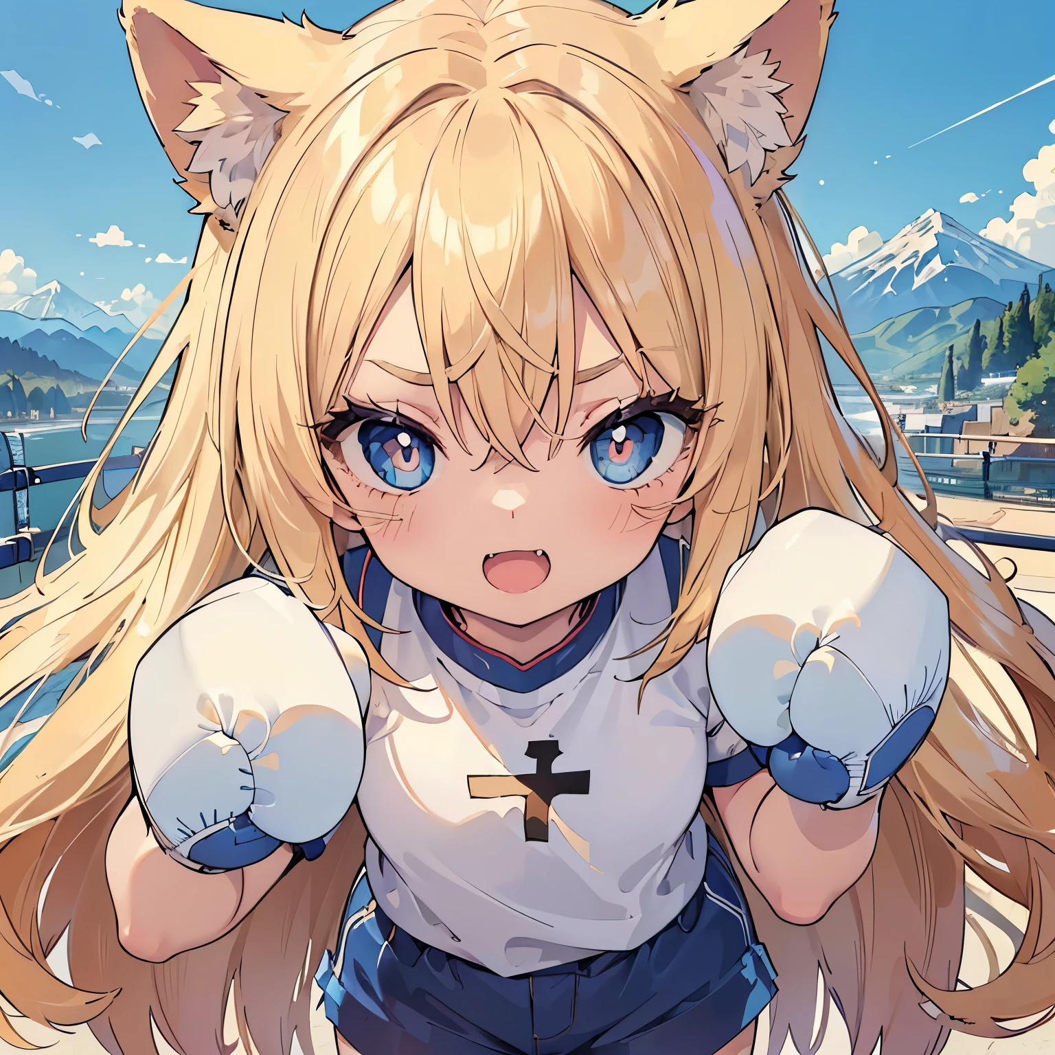  (masterpiece:1.2), (highest quality:1.2), mountainous horizon, perfect face, perfect lighting, 1 girl　combing one&#39;s hair　Cat ear　small breasts　shirt, shorts blonde　blue eyes　, ((Webby Hair)), noble long hair, cute eyes, Medium chest, ((((bright)))), , vivid description, , open mouth, smile, ((front)), open mouth, Vivid depiction, Are standing, (fang), (face close up:1.2), (((((jig eyes))))), (((pupils))), ((simple eyes)), (((((cross-eyed))))), ((((((punching)))))), angry, glaring