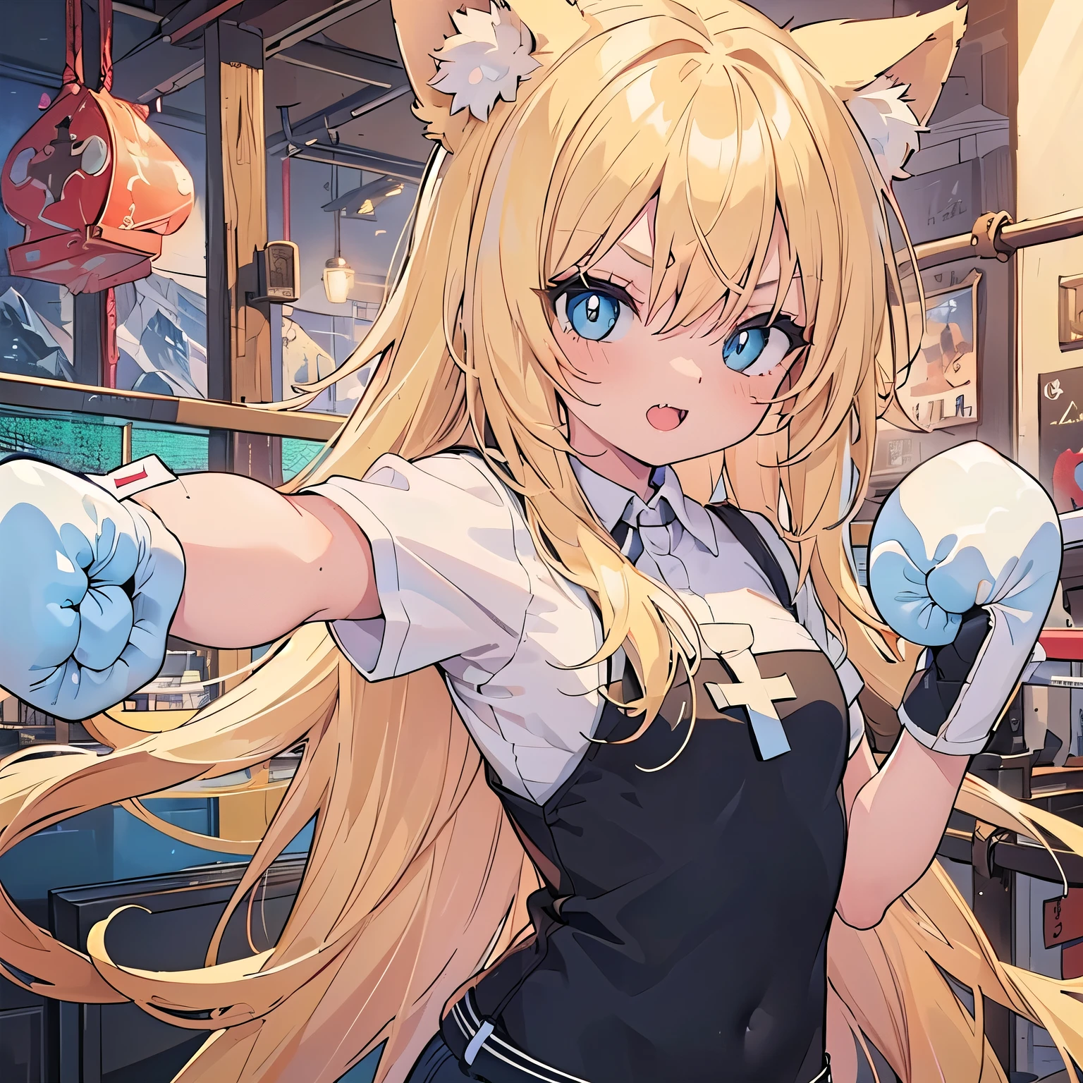 (masterpiece:1.2), (highest quality:1.2), mountainous horizon, perfect face, perfect lighting, 1 girl combing one's hair Cat ear small breasts shirt, shorts blonde blue eyes , ((Webby Hair)), noble long hair, cute eyes, Medium chest, ((((bright)))), , vivid description, , open mouth, smile, ((front)), open mouth, Vivid depiction, Are standing, (fang), (face close up:1.2), (((((jig eyes))))), (((pupils))), ((simple eyes)), (((((cross-eyed))))), ((((((punching)))))), angry, glaring