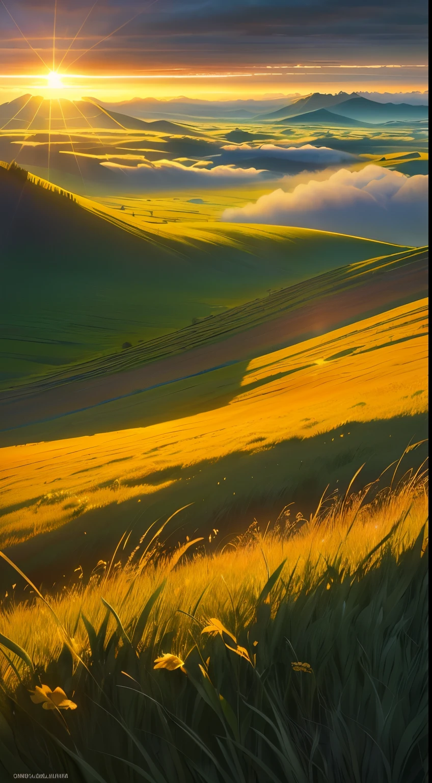 first rays of the morning sun,shining in the clouds, grassland