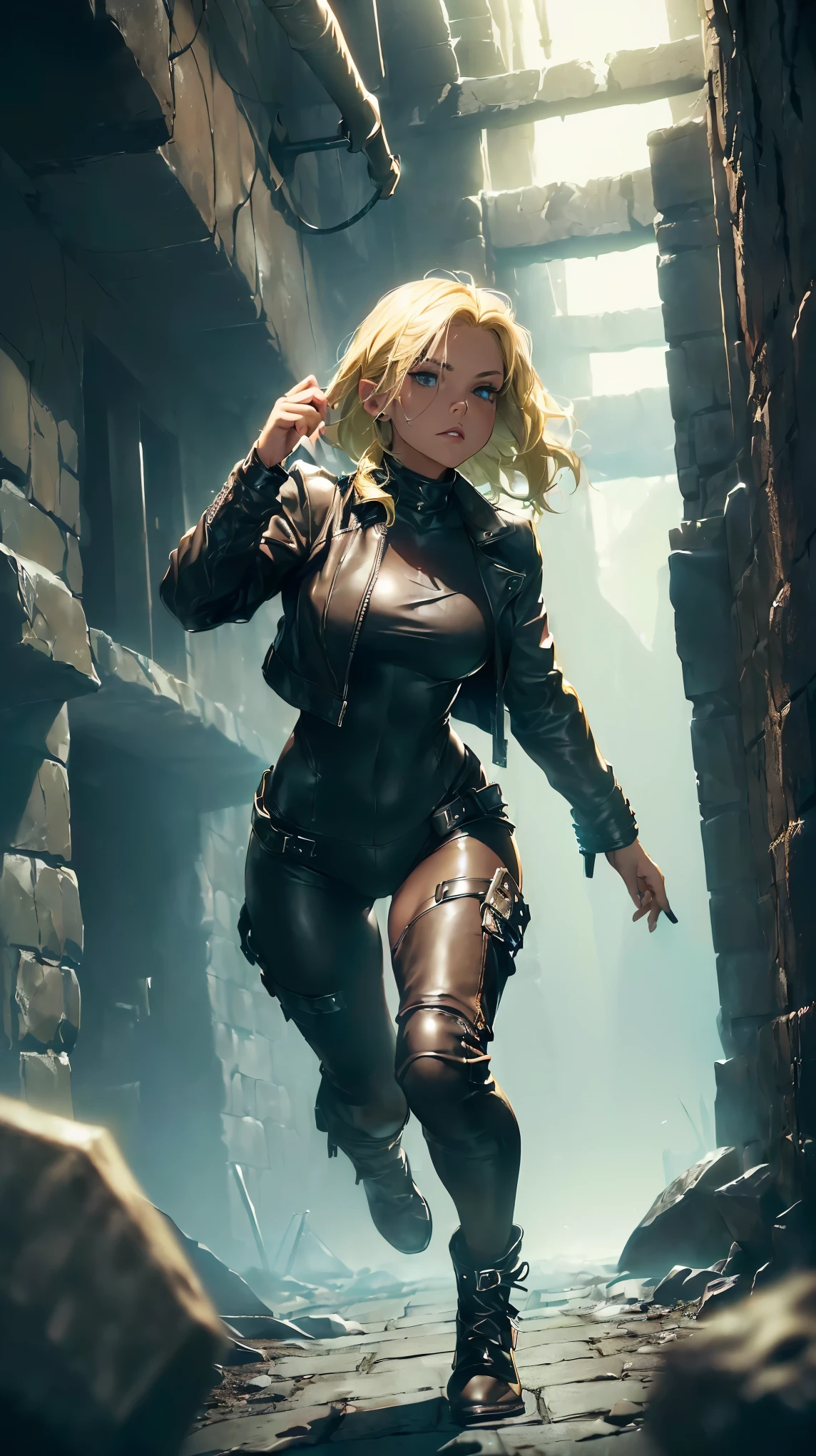 (8K, RAW photo, 最high quality, masterpiece:1.2), High-definition RAW color photo, Professional photo shoot, cinematic light, RPG design, dark fantasy graphics, Humanoid monsters, A person who has mastered the art of thievery, ((full body shot)), woman wearing leather armor, (((dagger and leather jacket:1.5, leather pantaster thief, (((female thief:1.5, Blonde Shortcut Woman, body suit))), nimble movement, Pounce, dexterous fingertips, scout, Techniques for identifying traps, fantasy art, ((Underground dungeon background, stone dungeon)), dim lighting, dark color palette, film grain, background bokeh, high quality, surreal, ((very detailed, photo shoot)),