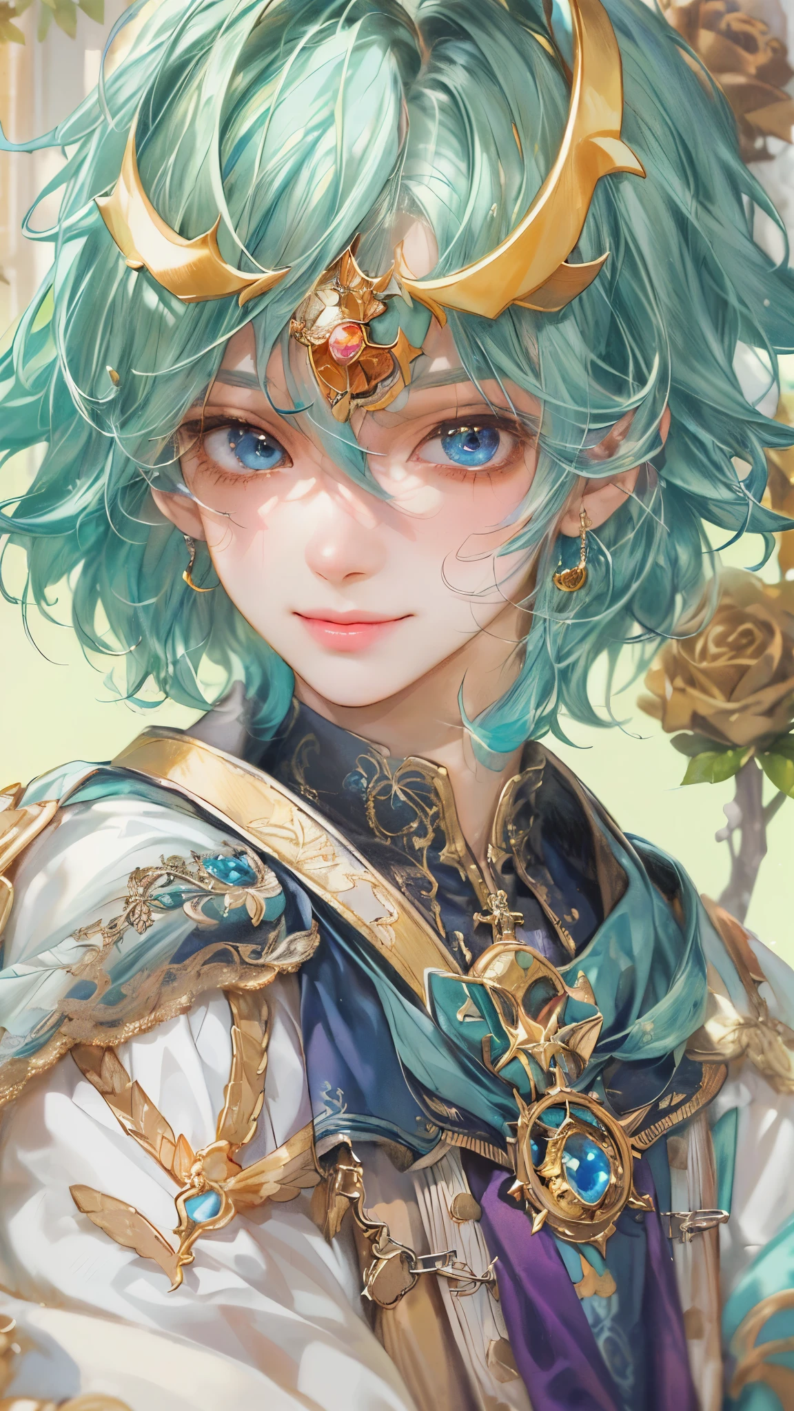 ((absurdres, highres, ultra detailed), 1 boy, front view, young boy, handsome boy villain character from Pretty Cure, male version, detailed hair with detailed headgear ornaments, detailed short hair, anime eyes, bangs, detailed mage clothes with brown cape with little purple details showing, finely detailed eyes red details showing and detailed face, smirk, dimples, extremely detailed CG unity 8k wallpaper, blue details on side, intricate details yellow details on left, portrait, ruin of pink roses, market theme , eyes on viewer, detailed houses town scenery background