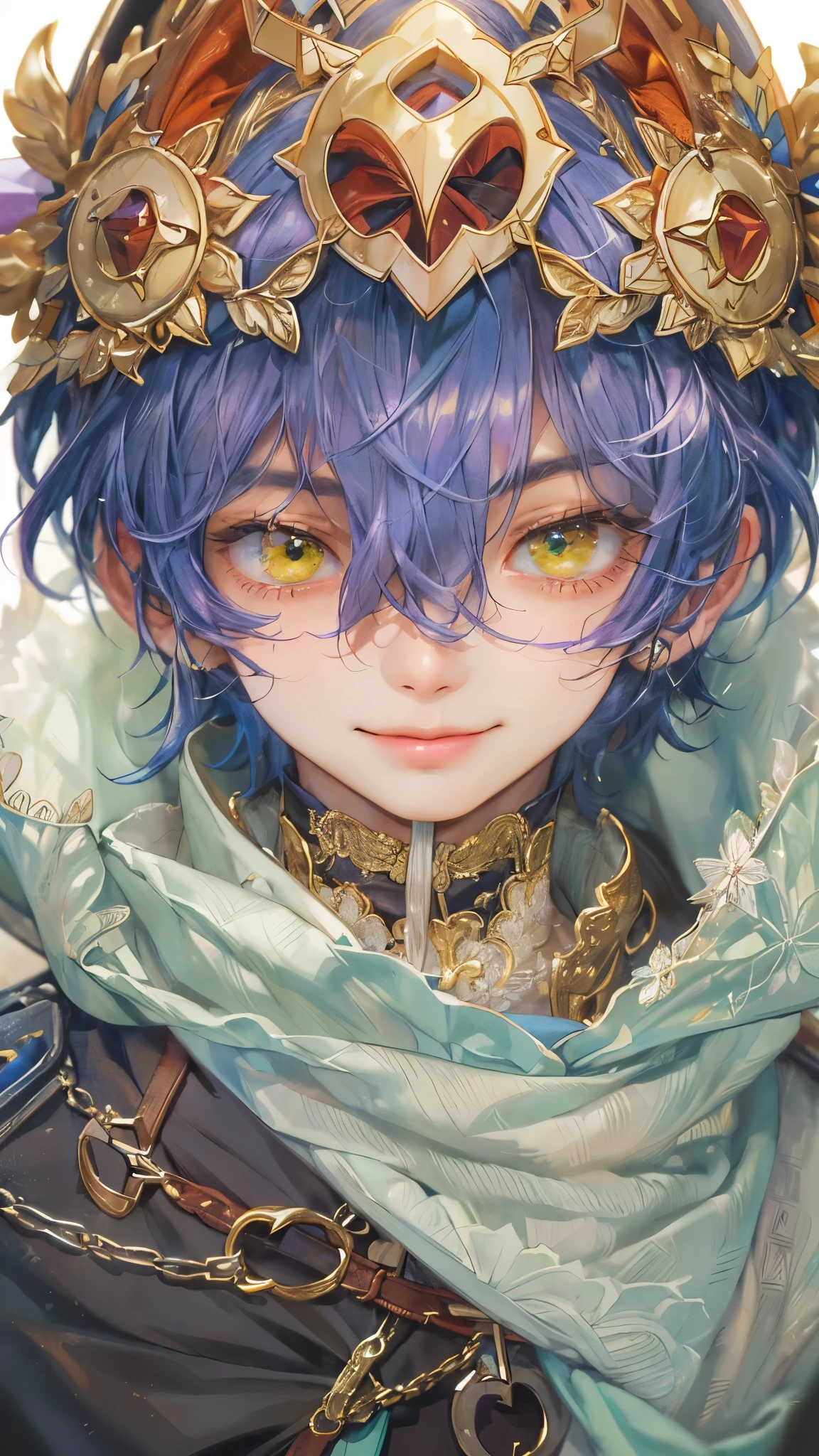 ((absurdres, highres, ultra detailed), 1 boy, front view, young boy, handsome boy villain character from Pretty Cure, male version, detailed hair with detailed headgear ornaments, detailed short hair, anime eyes, bangs, detailed mage clothes with brown cape with little purple details showing, finely detailed eyes red details showing and detailed face, smirk, dimples, extremely detailed CG unity 8k wallpaper, blue details on side, intricate details yellow details on left, portrait, ruin of pink roses, market theme , eyes on viewer, detailed houses town scenery background