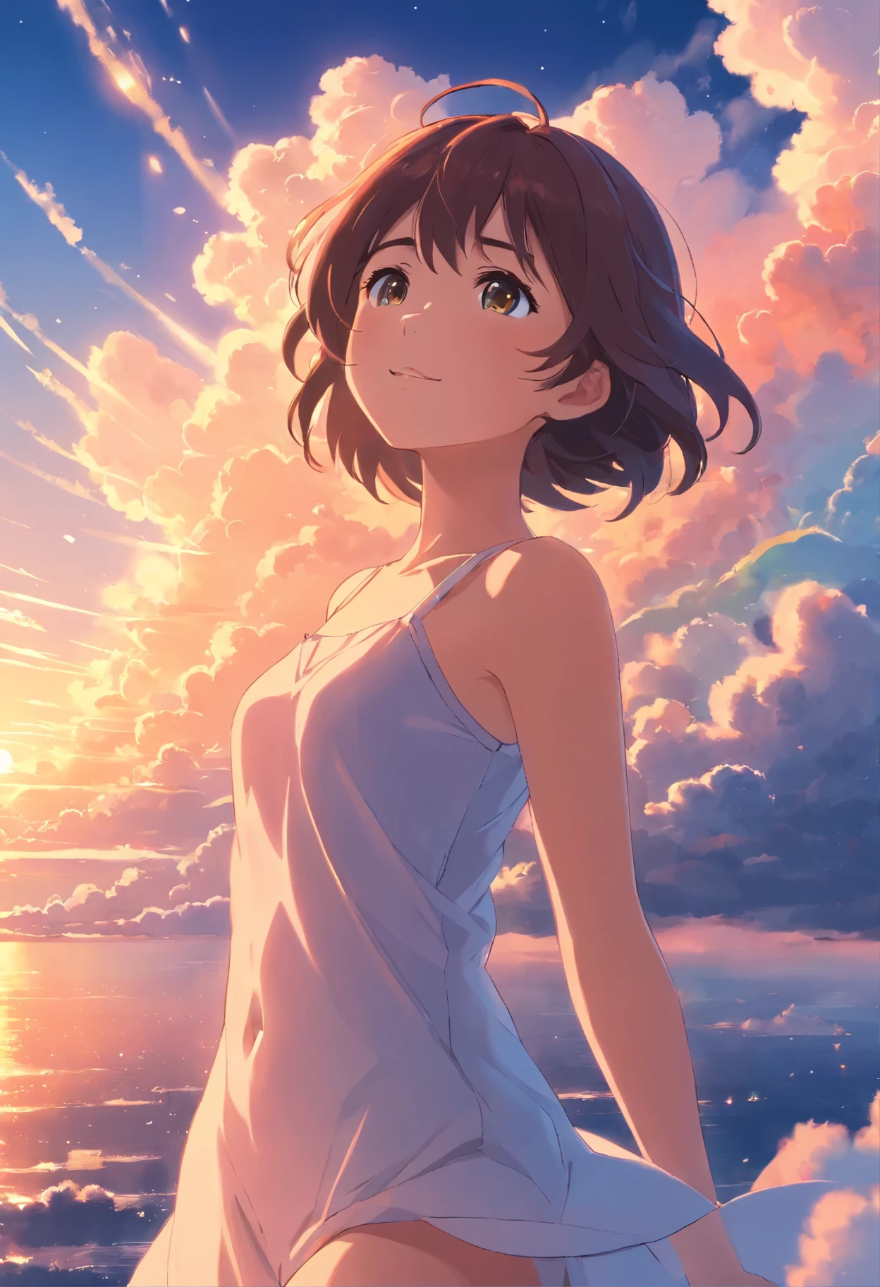 masterpiece, best quality, movie still, 1girl, nude ,cloud girl, floating in the sky, close-up, bright, happy, warm soft lighting, sunset, (sparks:0.7)