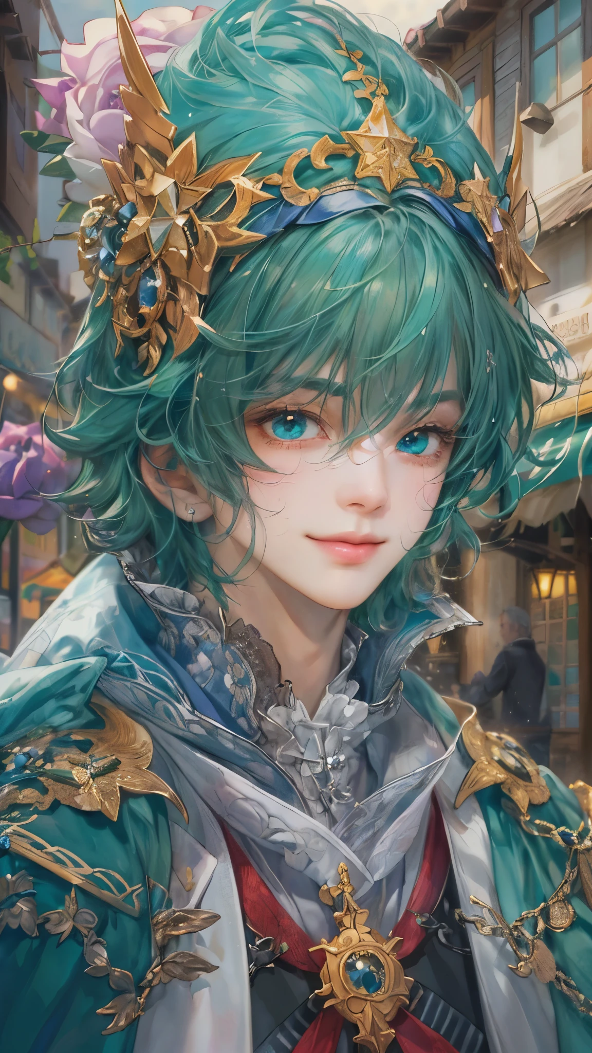 ((absurdres, highres, ultra detailed), 1 boy, front view, young boy, handsome boy villain character from Pretty Cure, male version, detailed hair with detailed headgear ornaments, detailed short hair, anime eyes, bangs, detailed mage clothes with brown cape with little purple details showing, finely detailed eyes red details showing and detailed face, smirk, dimples, extremely detailed CG unity 8k wallpaper, blue details on side, intricate details yellow details on left, portrait, ruin of pink roses, market theme , eyes on viewer, detailed houses town scenery background