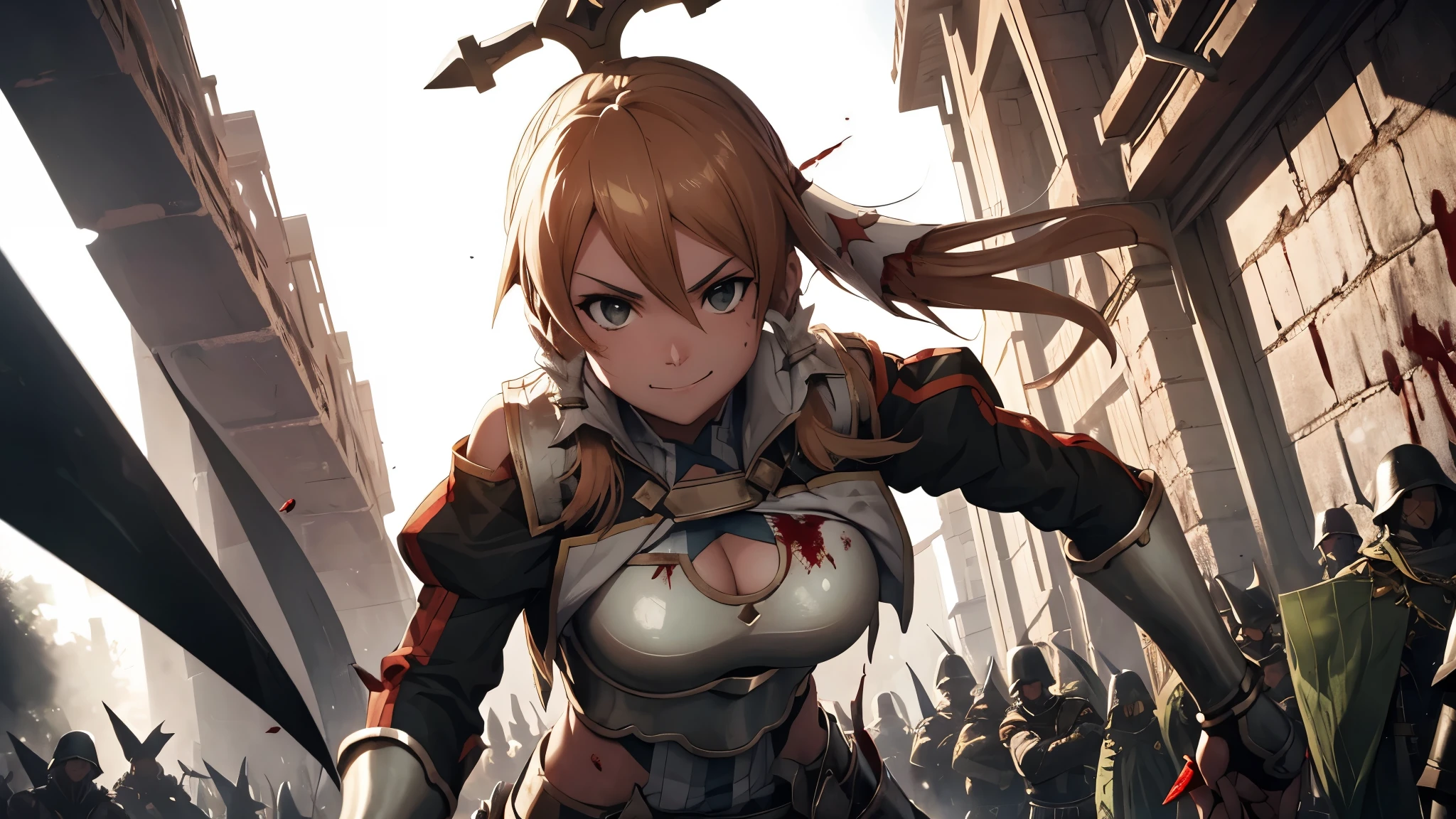 girl vs enemy soldiers, slaughter, one to many, belly button, big breasts, femdom, slaughter the enemies, Blood return, Blood on the body, Blood on the armor, Blood on the belly button, Blood on the stomach, Blood on the breasts, provocation, tall, long sword, slashing sword, splashing blood, tall, Blood, gun, knife, sword, war, underwear, kill, Behead, shot from below, sensual, Blood on the breasts, smile, miscellaneous soldiers, many dead man
