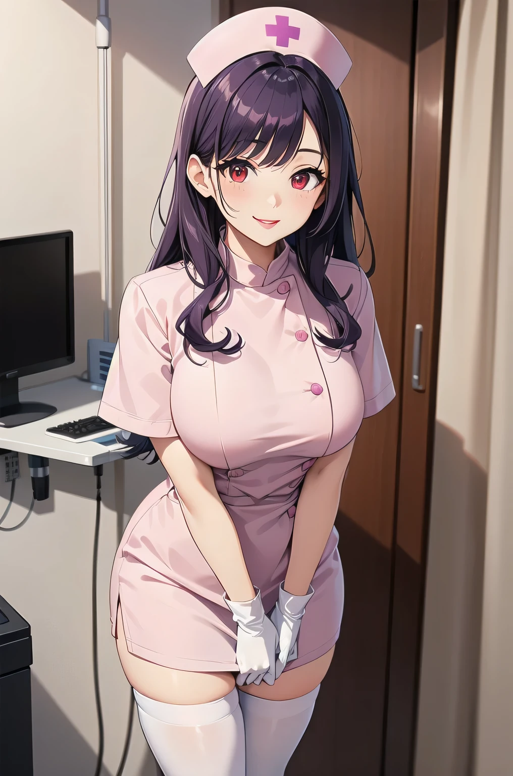 1 female, alone, nurse, nurse cap, white clothes, ((white legwear, zettai ryouiki)), white gloves, long hair, purple hair, red eyes, pink lips, smile, Are standing, ((hospital room)), sharp outline, short sleeve, mature woman, 35 years old, highest quality, masterpiece