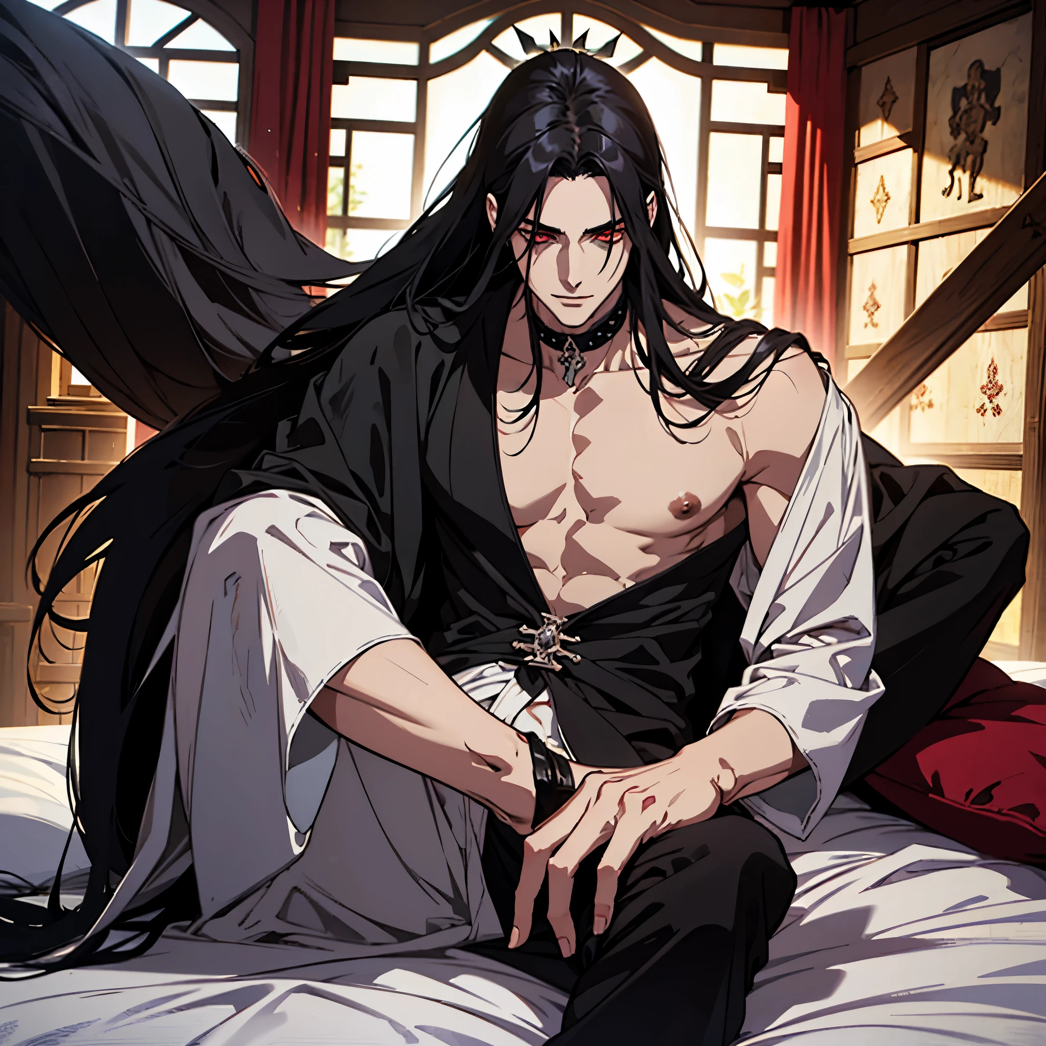 black hair, alucard, full body, 1 beautiful male god of death, detailed anime character art, male vampire of clan banu haqim, l vampire, with his long black hair, androgynous vampire, detailed 25 year old male face, ultra realistic anime, red eyes, no emotions, INTJ, intelligent, sexy, attractive, full body, tongle, no clothes, no shirt, adult content, on the bed