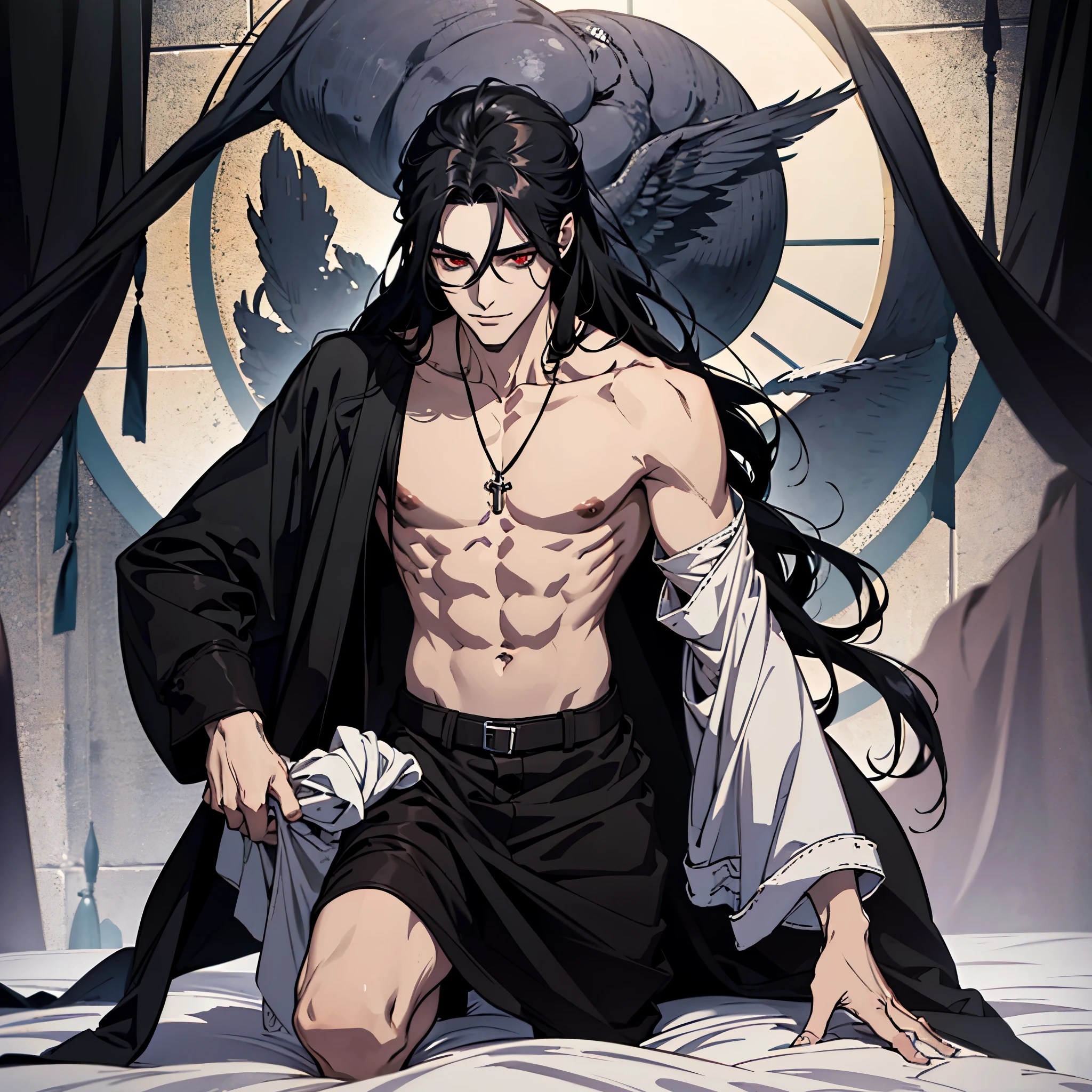 black hair, alucard, full body, 1 beautiful male god of death, detailed anime character art, male vampire of clan banu haqim, l vampire, with his long black hair, androgynous vampire, detailed 25 year old male face, ultra realistic anime, red eyes, no emotions, INTJ, intelligent, sexy, attractive, full body, tongle, no clothes, no shirt, adult content, on the bed. smile, grin