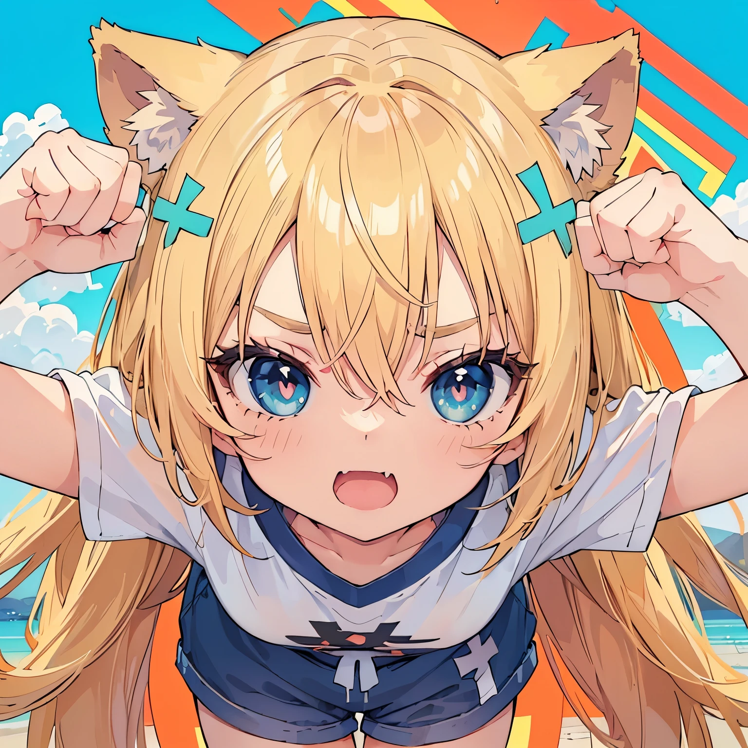 (masterpiece:1.2), (highest quality:1.2), mountainous horizon, perfect face, perfect lighting, 1 girl combing one's hair Cat ear small breasts T-shirt, shorts blonde blue eyes , ((Webby Hair)), noble long hair, cute eyes, Medium chest, ((((bright)))), , vivid description, , open mouth, smile, ((front)), open mouth, Vivid depiction, Are standing, (fang), (face close up:1.2), (((((jig eyes))))), (((pupils))), ((simple eyes)), (((((cross-eyed))))), ((((punching)))), angry, glaring