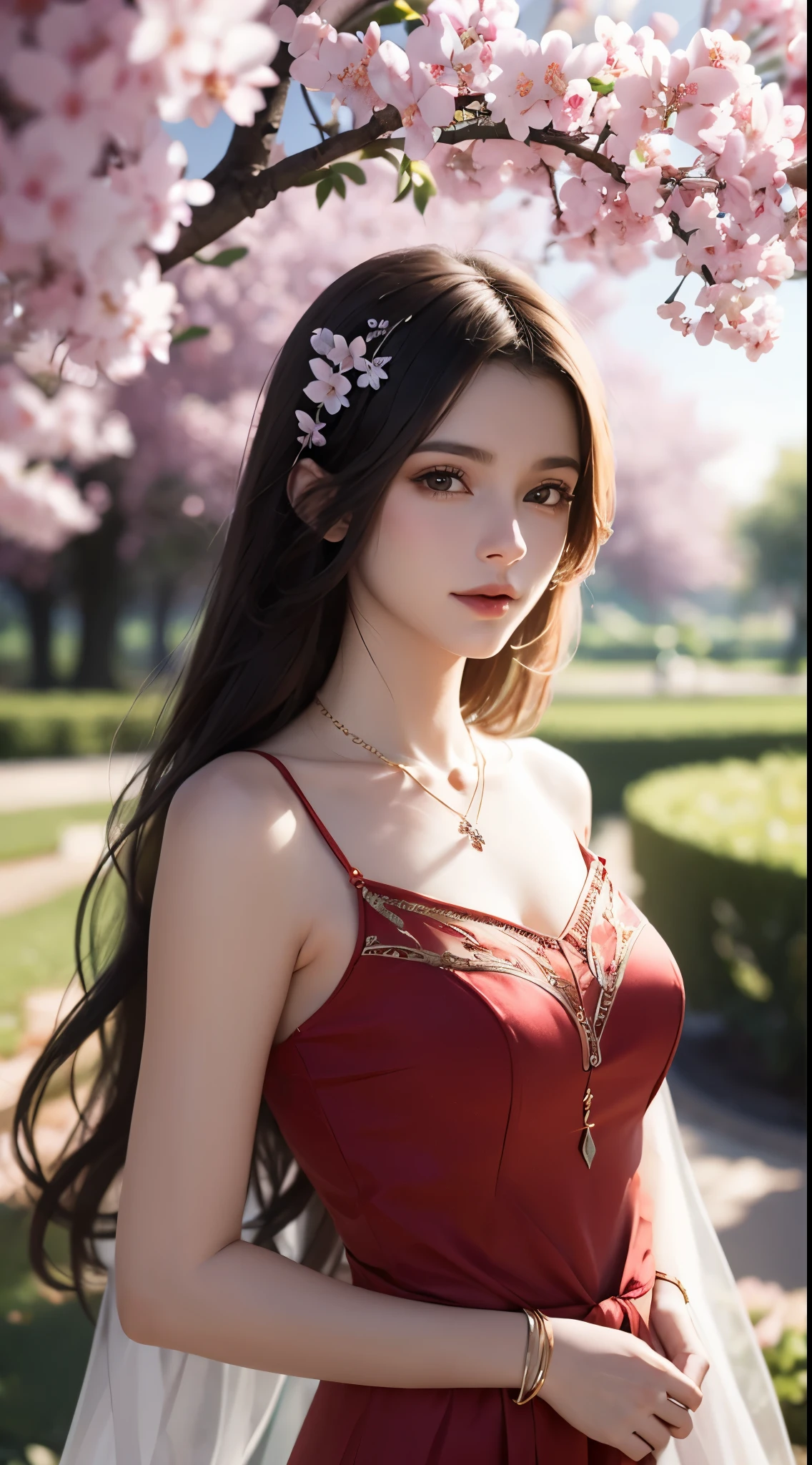 Beautiful  young girl looking at viewer wearing red top dress, in garden, realistic graphics, wearing a beautiful necklace, wavering at viewer, nice figure, beautiful organic photography  ,graphic focus on girl at the center of graphics photoshot ,red colors dress ,wavering at viewer, full-body photoshot rendering graphics,complete body collection, sakura blossoms, sitting under a tree ,beautiful legs and waist 