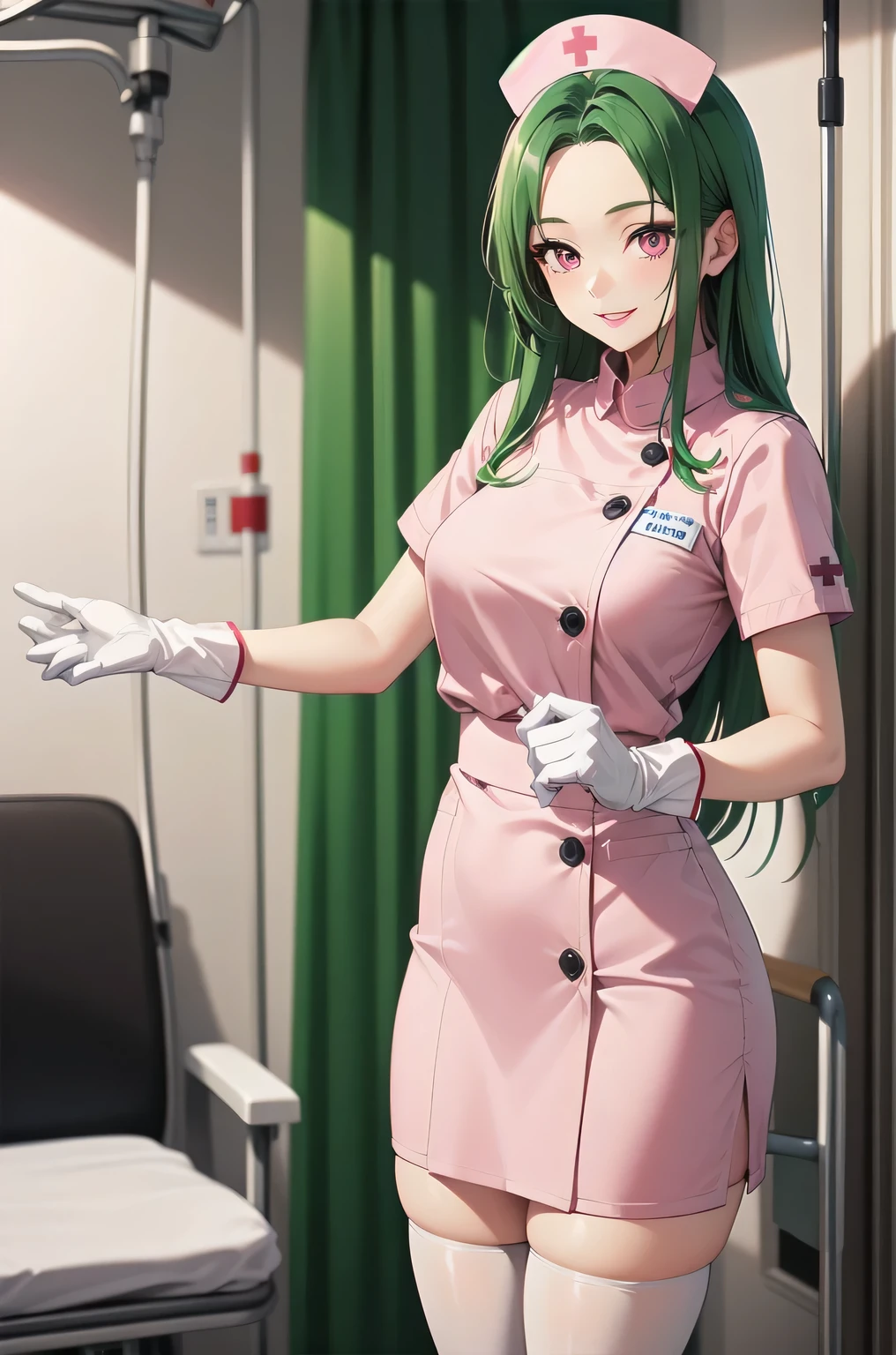 1 female, alone, nurse, nurse cap, white clothes, ((white legwear, zettai ryouiki)), white gloves, amount, long hair, green hair, pink eyes, pink lips, smile, Are standing, ((hospital room)), sharp outline, short sleeve, mature woman, 35 years old, highest quality, masterpiece