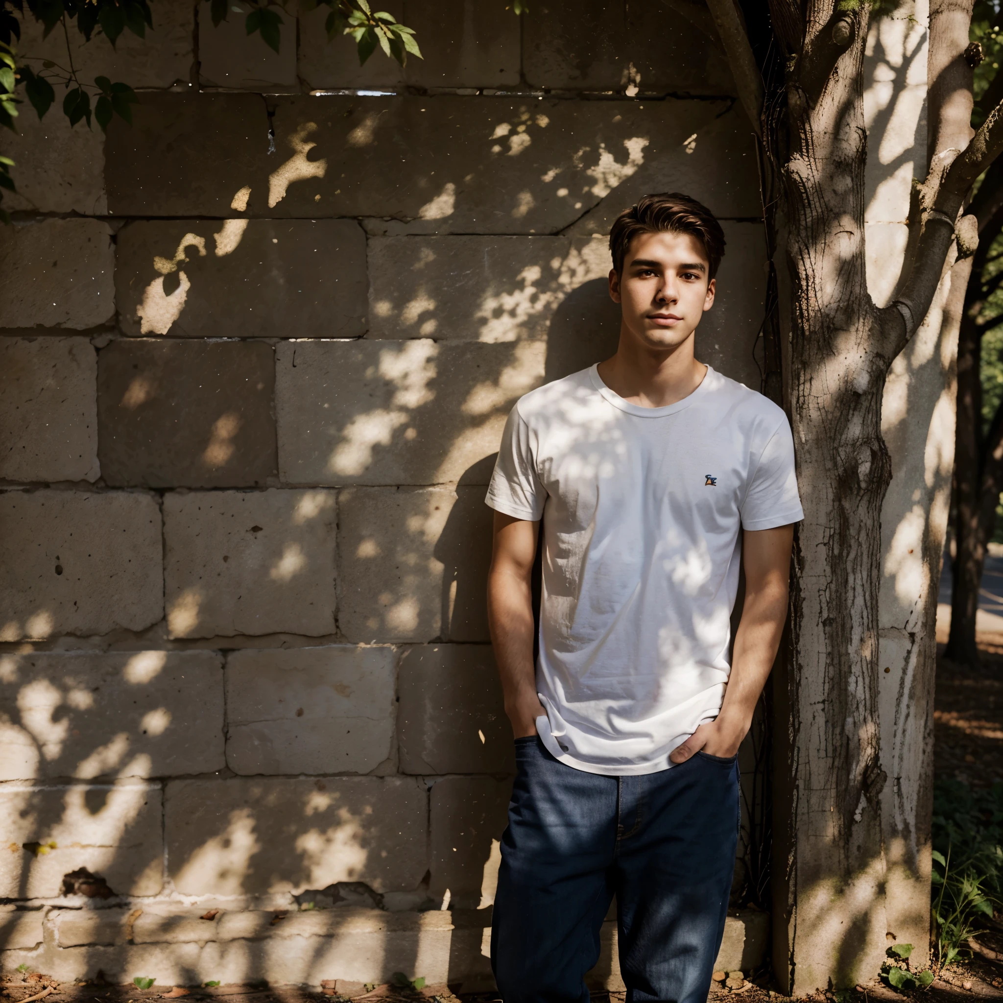 portrait of a 24yo man standing against the wall under the tree in St. Louis, morning sun ray on his face
