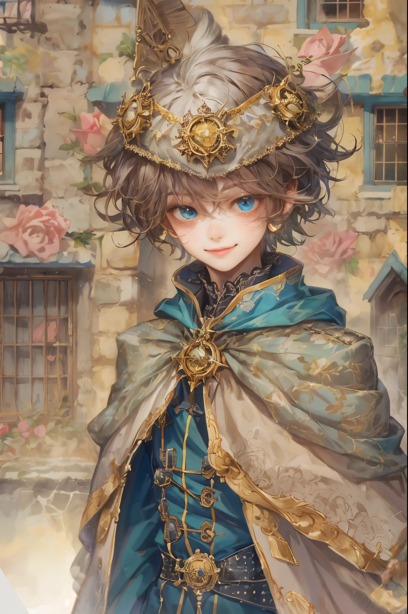 ((absurdres, highres, ultra detailed), 1 boy , front view, young boy, handsome boy villain character from sugar sugar rune, detailed hair with detailed headgear ornaments, detailed short hair, anime eyes, detailed mage clothes with brown cape with little purple details showing,finely detailed eyes red details showing and detailed face, smirk, dimples, extremely detailed CG unity 8k wallpaper, blue details on side, intricate details yellow details on left, portrait, ruin of pink roses, market theme, eyes on viewer, detailed houses town scenery background
