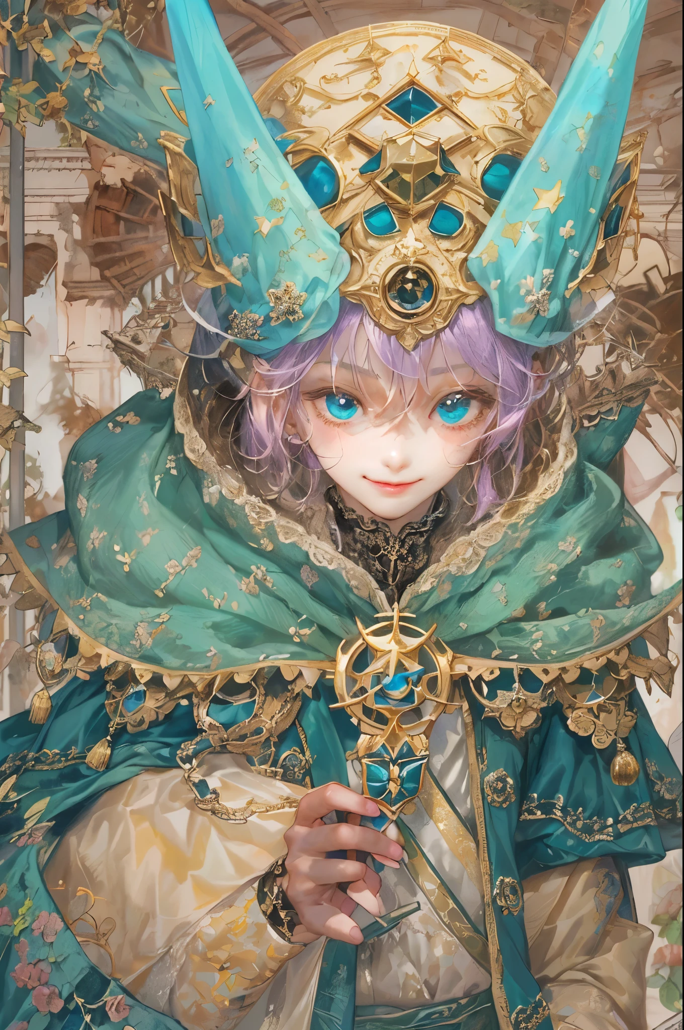 ((absurdres, highres, ultra detailed), 1 boy , front view, young boy, handsome boy villain character from sugar sugar rune, detailed hair with detailed headgear ornaments, detailed short hair, anime eyes, detailed mage clothes with brown cape with little purple details showing,finely detailed eyes red details showing and detailed face, smirk, dimples, extremely detailed CG unity 8k wallpaper, blue details on side, intricate details yellow details on left, portrait, ruin of pink roses, market theme, eyes on viewer, detailed houses town scenery background