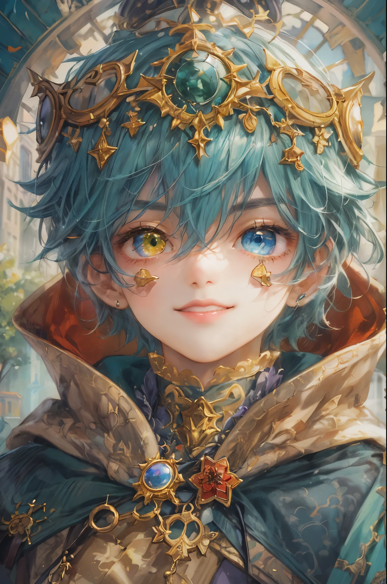 ((absurdres, highres, ultra detailed), 1 boy , front view, young boy, handsome boy villain character from sugar sugar rune, detailed hair with detailed headgear ornaments, detailed short hair, anime eyes, detailed mage clothes with brown cape with little purple details showing,finely detailed eyes red details showing and detailed face, smirk, dimples, extremely detailed CG unity 8k wallpaper, blue details on side, intricate details yellow details on left, portrait, ruin of pink roses, market theme, eyes on viewer, detailed houses town scenery background