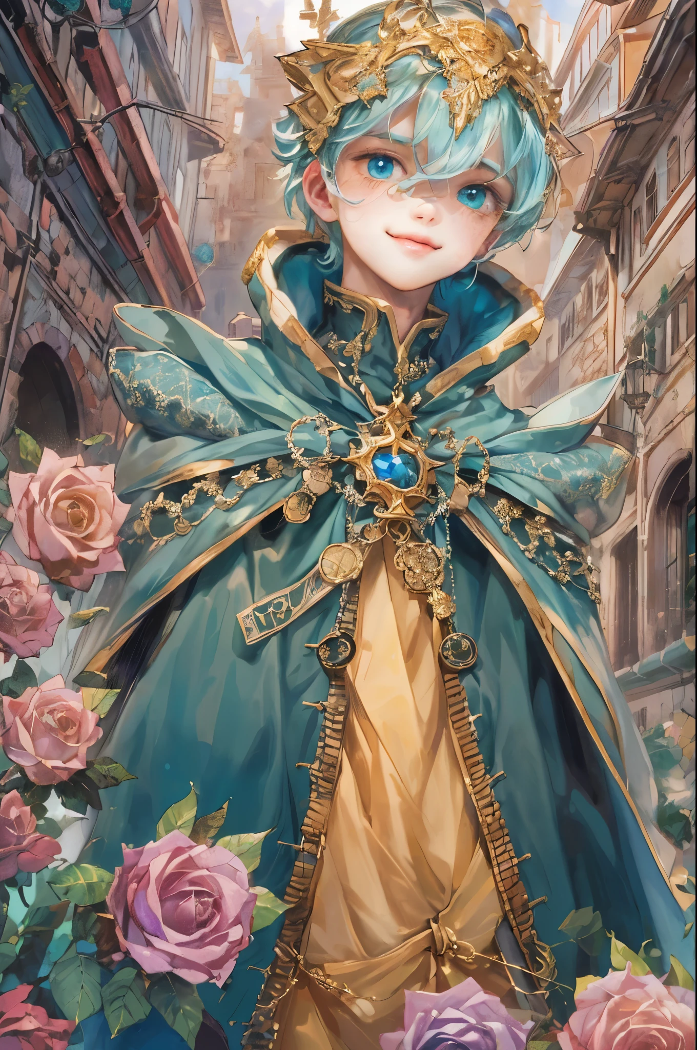 ((absurdres, highres, ultra detailed), 1 boy , front view, young boy, handsome boy villain character from sugar sugar rune, detailed hair with detailed headgear ornaments, detailed short hair, anime eyes, detailed mage clothes with brown cape with little purple details showing,finely detailed eyes red details showing and detailed face, smirk, dimples, extremely detailed CG unity 8k wallpaper, blue details on side, intricate details yellow details on left, portrait, ruin of pink roses, market theme, eyes on viewer, detailed houses town scenery background