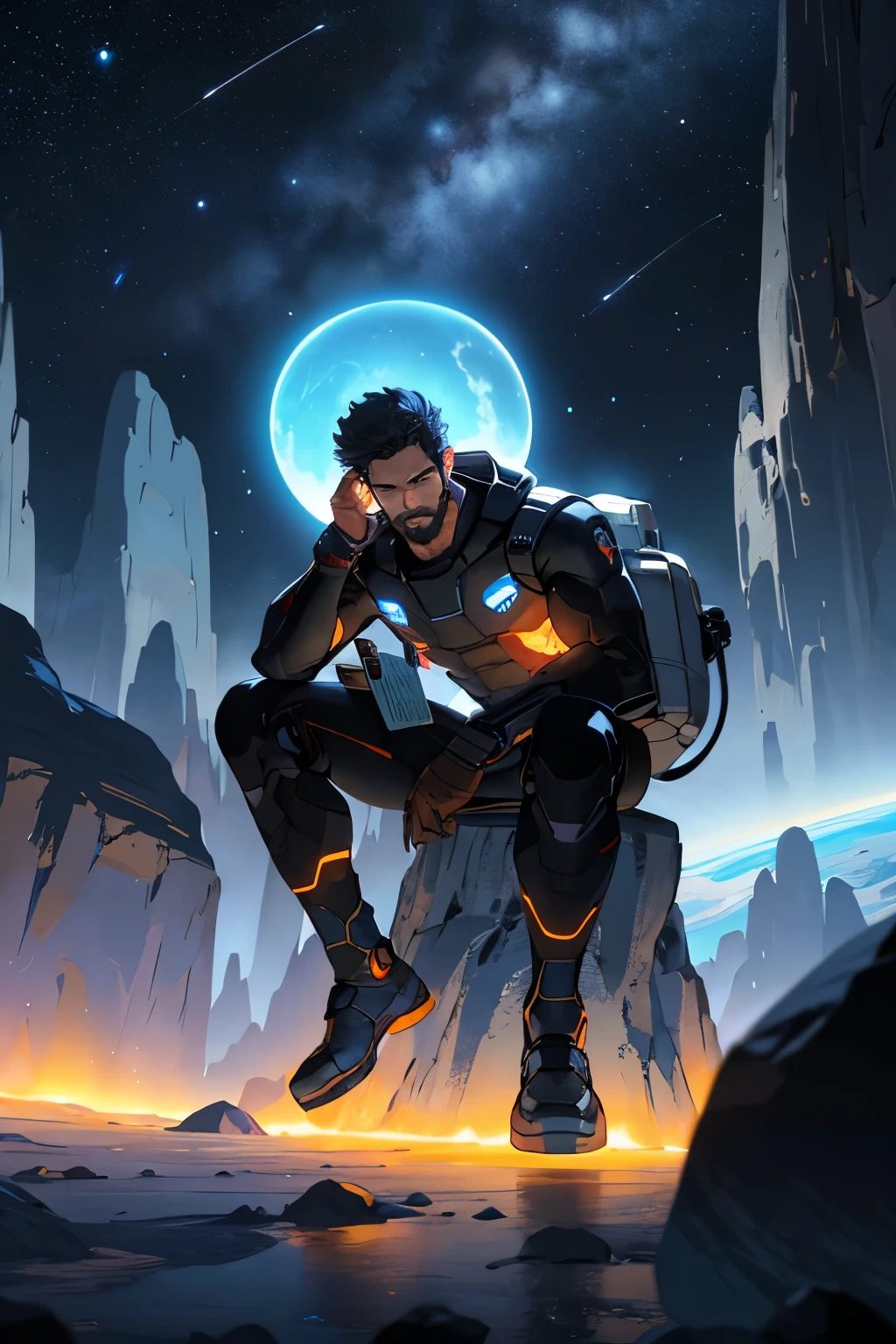 Draw a young programmer, sitting on a research platform floating in the middle of an asteroid belt. He is studying with a notebook, surrounded by several asteroids glowing with fiery auras. Dramatic lighting from distant stars and planets illuminates the scene, casting deep shadows on the suit. The young man looks confident and determined, looking at the vast and mysterious universe with wonder and respect,facial hair, cowboy shot,