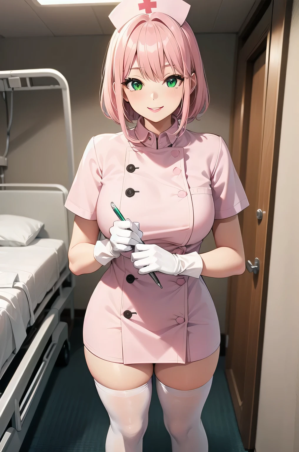 1 female, alone, nurse, nurse cap, white clothes, ((white legwear, zettai ryouiki)), white gloves, pink hair, green eyes, droopy eyes, pink lips, smile, Are standing, ((hospital room)), sharp outline, short sleeve, mature woman, 32 years old, highest quality, masterpiece