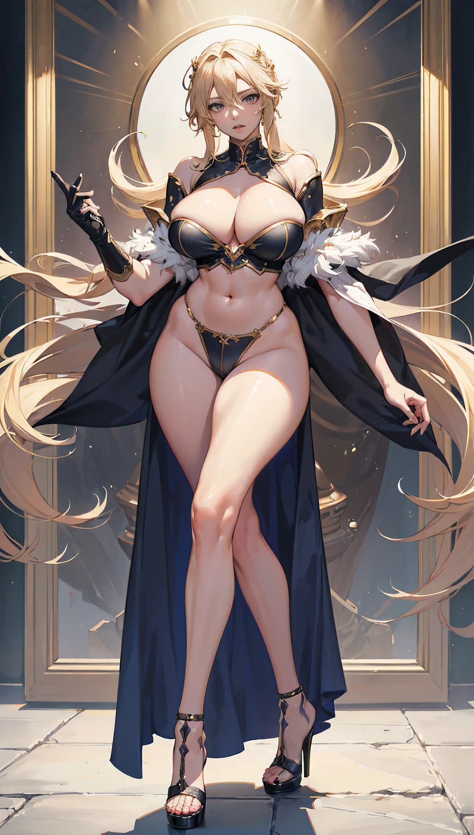 (masterpiece:1.2, highest quality), (highly detailed face, real image, delicate skin tone realistic skin, realistic body,woman1,Authentic nudes with intricate details,(full nude),bright golden hair,messy hair,punk rock hair,boyish,full body shot,long eyelashes,huge cleavage,big bust,Extra large erect nipples standing pose,big hips, thick chest plate, beautiful feet, and a thin waist,whiten skin,high heels