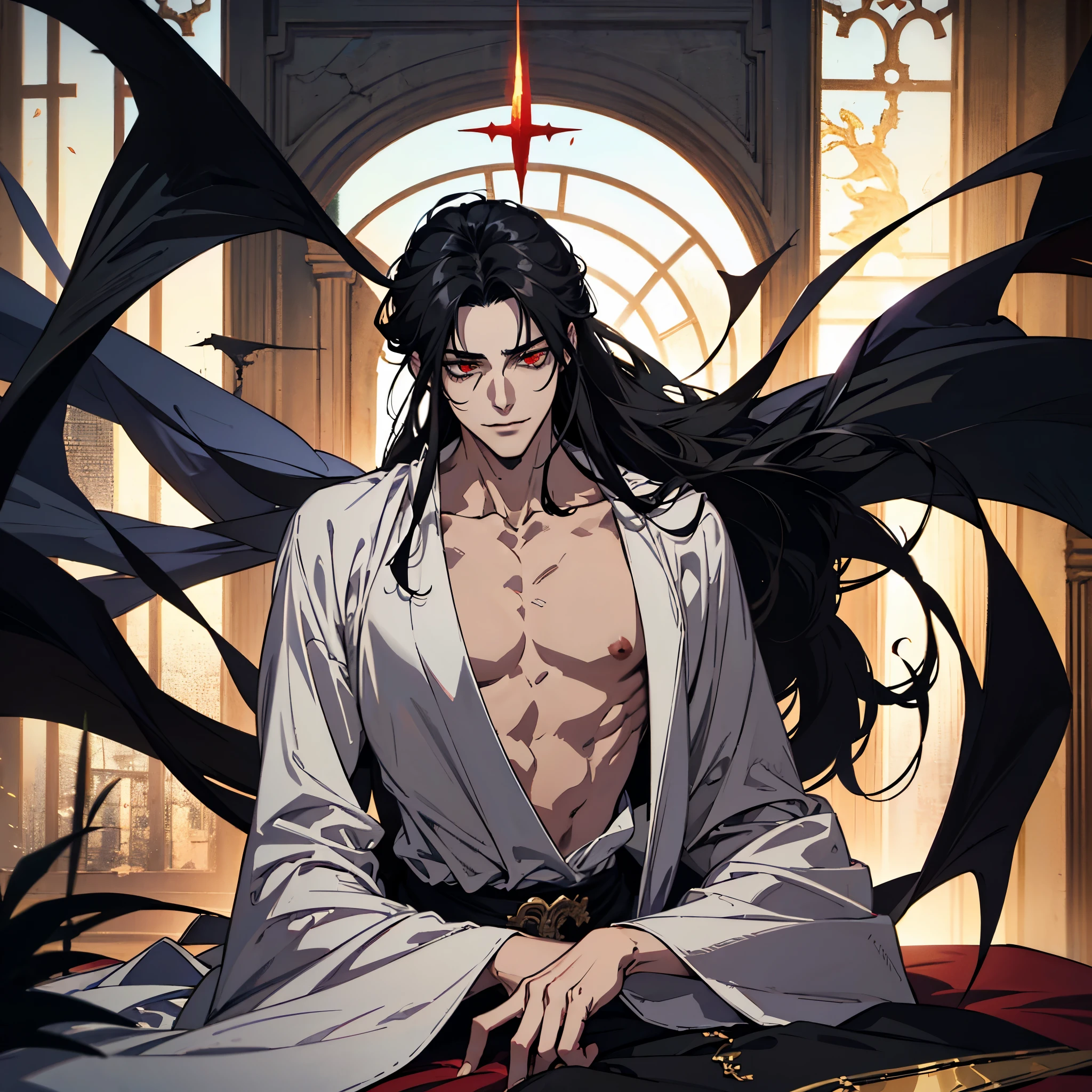 black hair, alucard, full body, 1 beautiful male god of death, detailed anime character art, male vampire of clan banu haqim, l vampire, with his long black hair, androgynous vampire, detailed 25 year old male face, ultra realistic anime, red eyes, no emotions, INTJ, intelligent, sexy, attractive, full body, tongle, no clothes, no shirt, adult content, on the bed. smile, grin