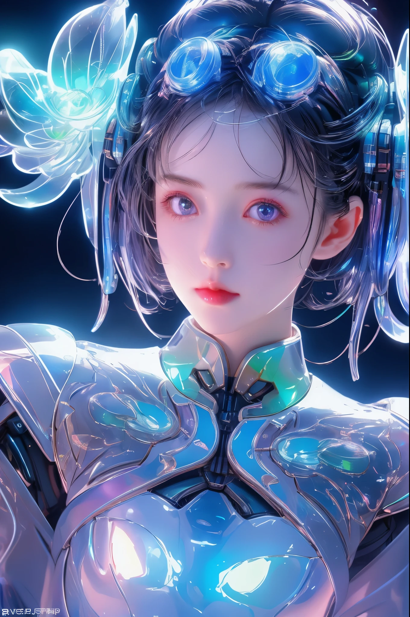 mechanical girl,In the water, fantastic colors, close up, light refracted into water, reflective transparent iridescent colors,soft lighting/ soft light, high detail, ultra high definition
