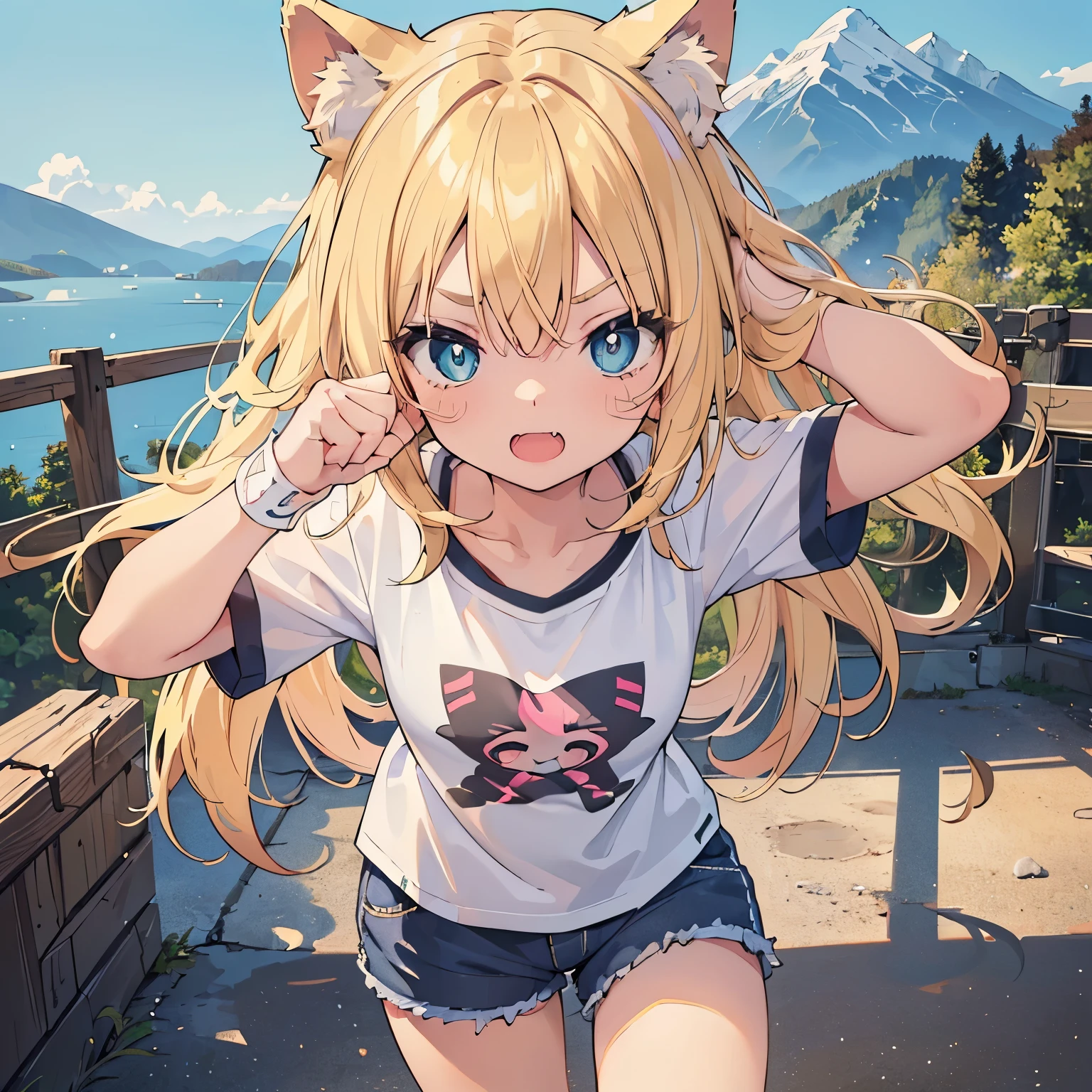 (masterpiece:1.2), (highest quality:1.2), mountainous horizon, perfect face, perfect lighting, 1 girl combing one's hair Cat ear small breasts (T-shirt with transparent nipples), shorts blonde blue eyes , ((Webby Hair)), noble long hair, cute eyes, Medium chest, ((((bright)))), , vivid description, , open mouth, smile, ((front)), open mouth, Vivid depiction, Are standing, (fang), (face close up:1.2), (((((jig eyes))))), (((pupils))), ((simple eyes)), (((((cross-eyed))))), ((((punching)))), angry, glaring