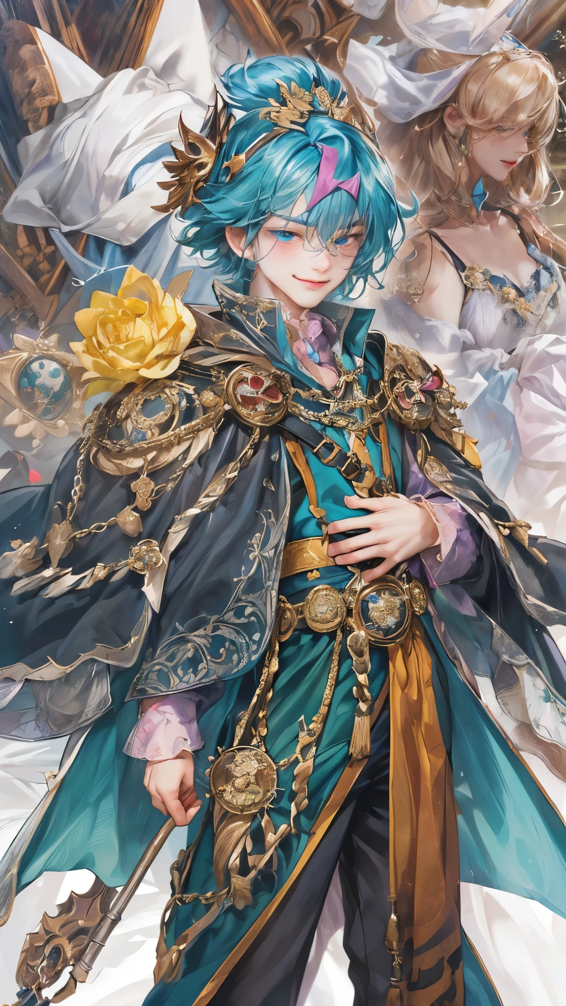 ((absurdres, highres, ultra detailed), 1 boy, front view, young boy, handsome boy villain character from Pretty Cure, male version, detailed hair with detailed headgear ornaments, detailed short hair, anime eyes, bangs, detailed mage clothes with brown cape with little purple details showing, finely detailed eyes red details showing and detailed face, smirk, dimples, extremely detailed CG unity 8k wallpaper, blue details on side, intricate details yellow details on left, portrait, ruin of pink roses, market theme , eyes on viewer, detailed houses town scenery background
