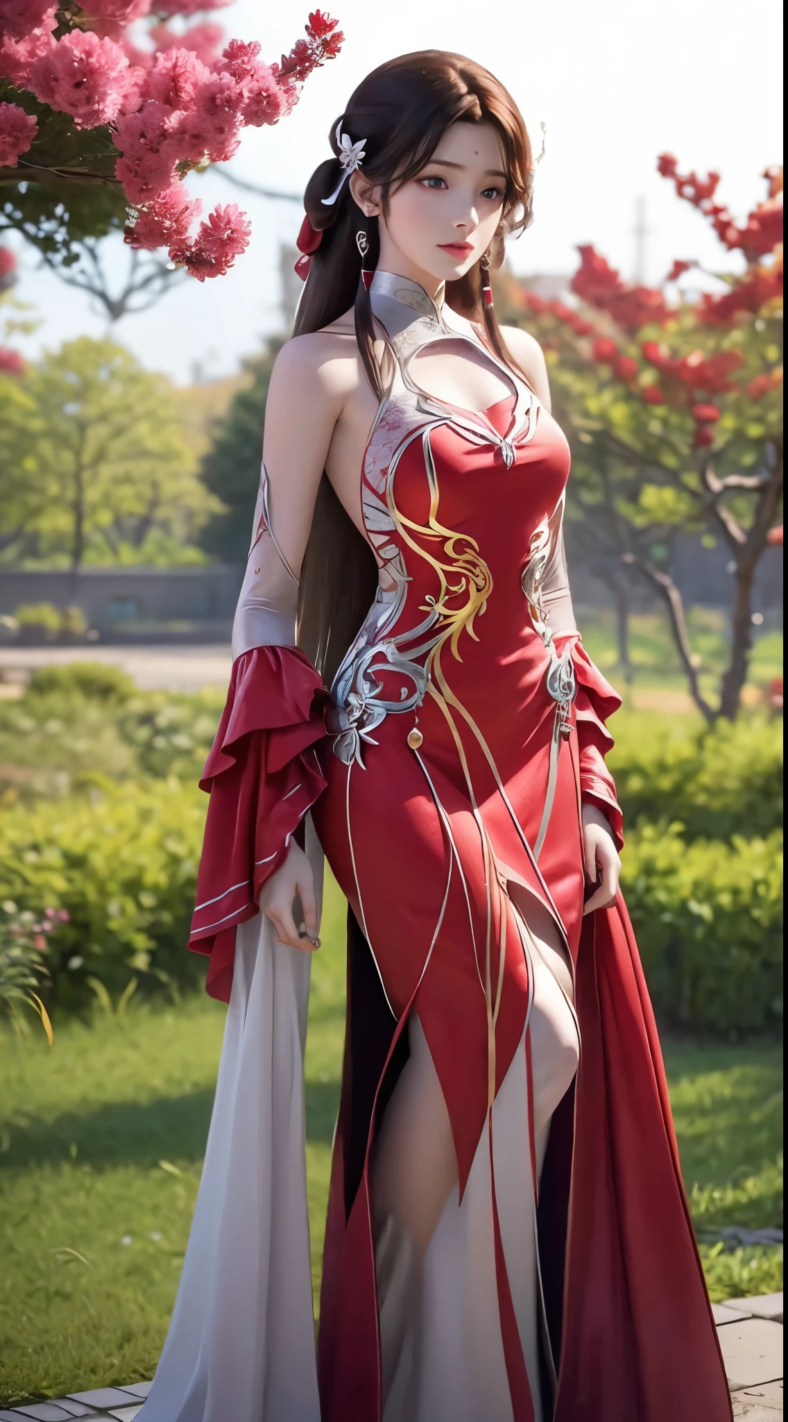 Beautiful  young girl looking at viewer wearing red top dress, in garden, realistic graphics, wearing a beautiful necklace, wavering at viewer, nice figure, beautiful organic photography  ,graphic focus on girl at the center of graphics photoshot ,red colors dress ,wavering at viewer, full-body photoshot rendering graphics,complete body collection, sakura blossoms, sitting under a tree ,beautiful legs and waist 