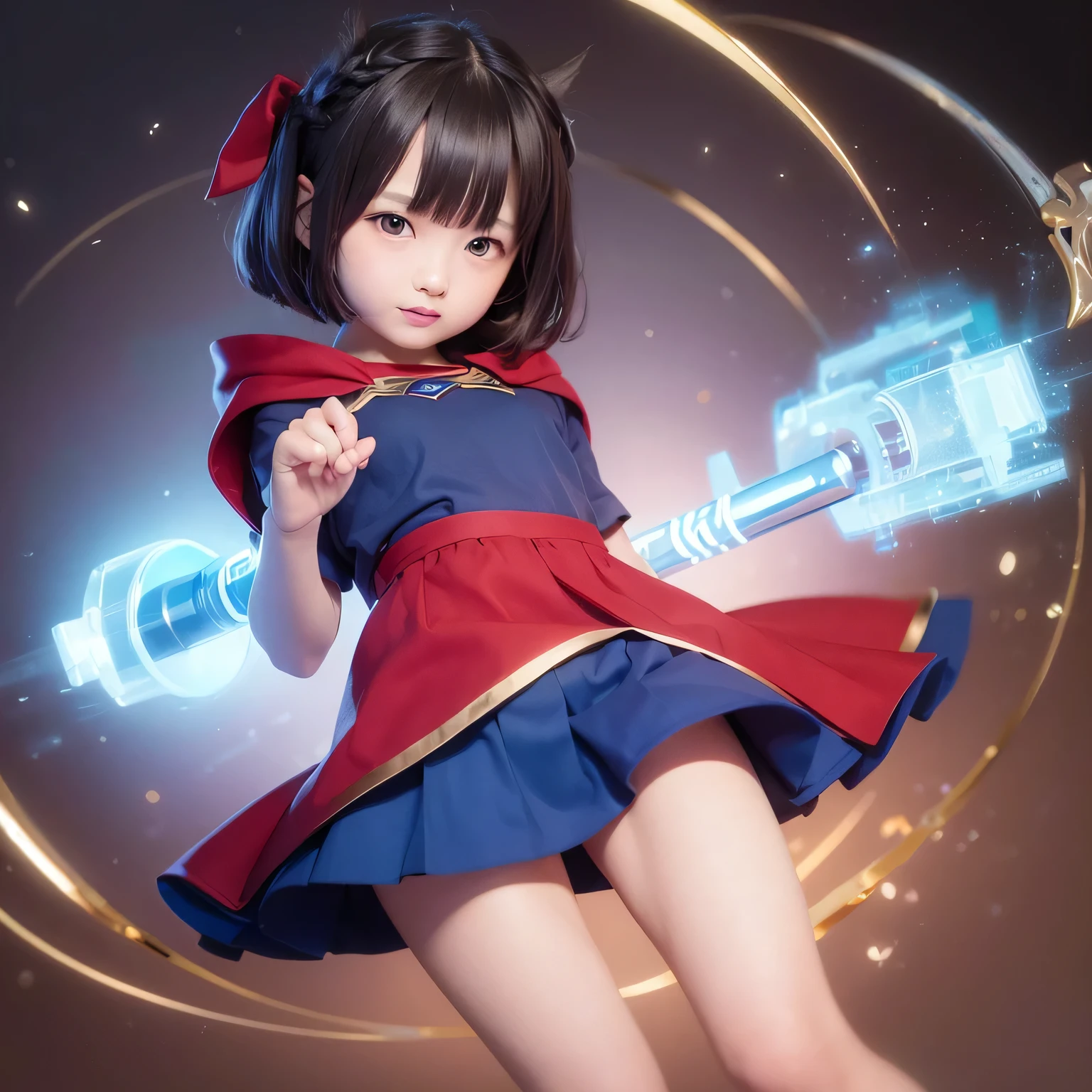 Easter piece featuring elementary school sisters wearing Supergirl clothes、highest quality、Spreading black hair、bob cut with trimmed ends、(flat chest)、con、red cloak、short sleeve、pink heart shaped particles、space background、whole body、smile、High leg、thin crotch、Magic comes out of the hands