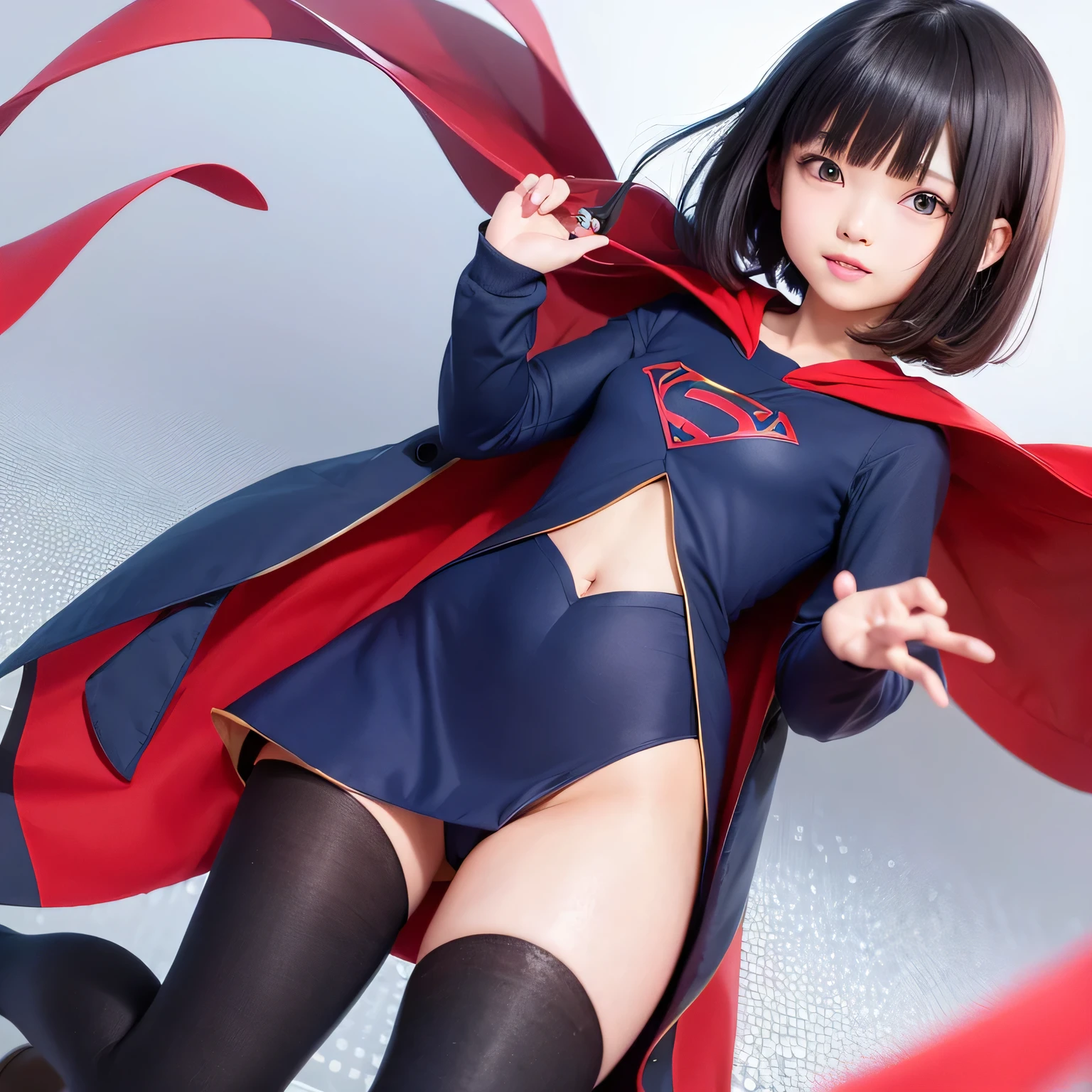 Easter piece featuring elementary school sisters wearing Supergirl clothes、highest quality、Spreading black hair、bob cut with trimmed ends、(flat chest)、con、red cloak、short sleeve、pink heart shaped particles、space background、whole body、smile、High leg、thin crotch、Magic comes out of the hands
