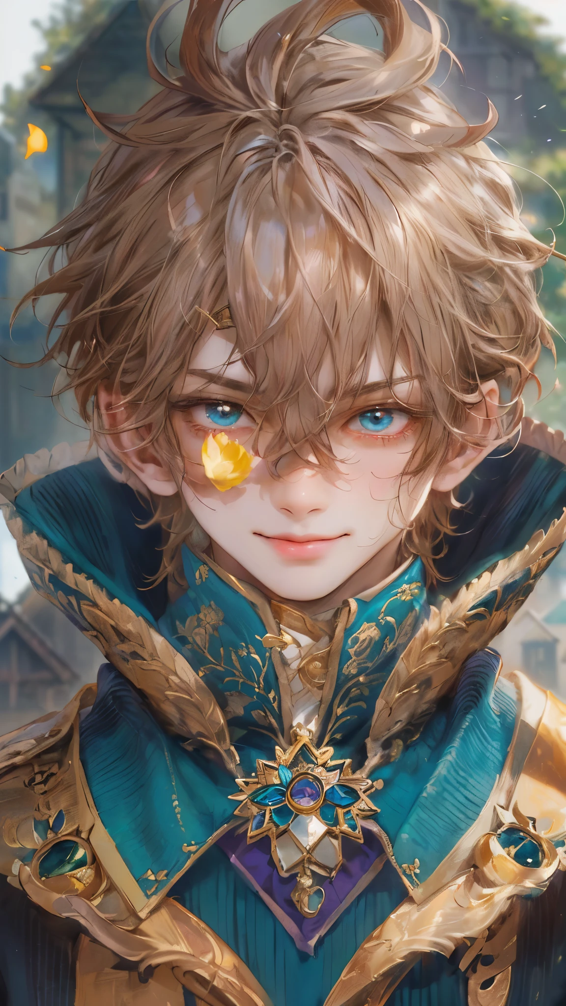 ((absurdres, highres, ultra detailed), 1 boy, front view, young boy, handsome boy villain character from Pretty Cure, male version, detailed hair with detailed headgear ornaments, detailed short hair, anime eyes, bangs, detailed mage clothes with brown cape with little purple details showing, finely detailed eyes red details showing and detailed face, smirk, dimples, extremely detailed CG unity 8k wallpaper, blue details on side, intricate details yellow details on left, portrait, ruin of pink roses, market theme , eyes on viewer, detailed houses town scenery background