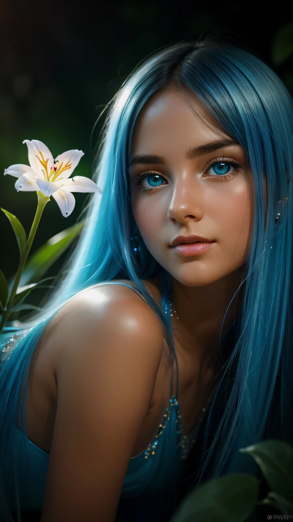 Beautiful realistic girl with bright BLUE-WHITE long hair ,Close-up of clean skin with detailed skin,full length,in a short miniskirt,on an orange background,Against the background of the starry sky,bright makeup,detailed eyes,EARRINGS WITH GLITTERS,two-leaf gray flower,translucent speckled bifoliate gray,Bioluminescent - ultra-high quality 8K, High contrast, rich colors, soft light, Super detailed photos. ultra high quality 8K, High contrast, noise reduction, bright rich colors.. high quality, 8K Ultra HD, High contrast high quality,soft close focus,very beautiful flower, translucent red lily of the valley with dewdrop flower, bioluminescent flower glows and shimmers, he grows in a mysterious forest, shrouded in mystery, Ultra-high quality 8k, High contrast, rich colors, soft light, Ultra-detailed photos. Сверхhigh quality 8k, High contrast, noise reduction, bright rich colors.. high quality, 8K Ultra HD, High contrast