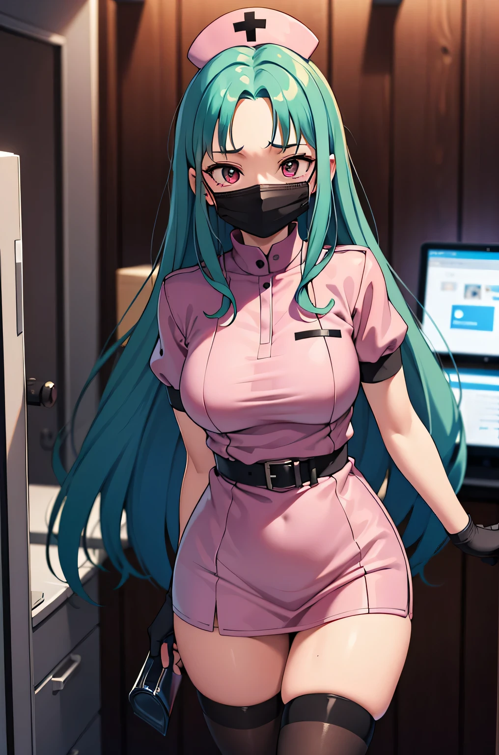 black nurse, 1 female, alone, black nurse cap, Blackware, ((black legwear, zettai ryouiki)), black elbow gloves, amount, long hair, green hair, pink eyes, ((black surgical mask, covered nose)), Are standing, ((operating room)), sharp outline, short sleeve, mature woman, 35 years old, highest quality, masterpiece