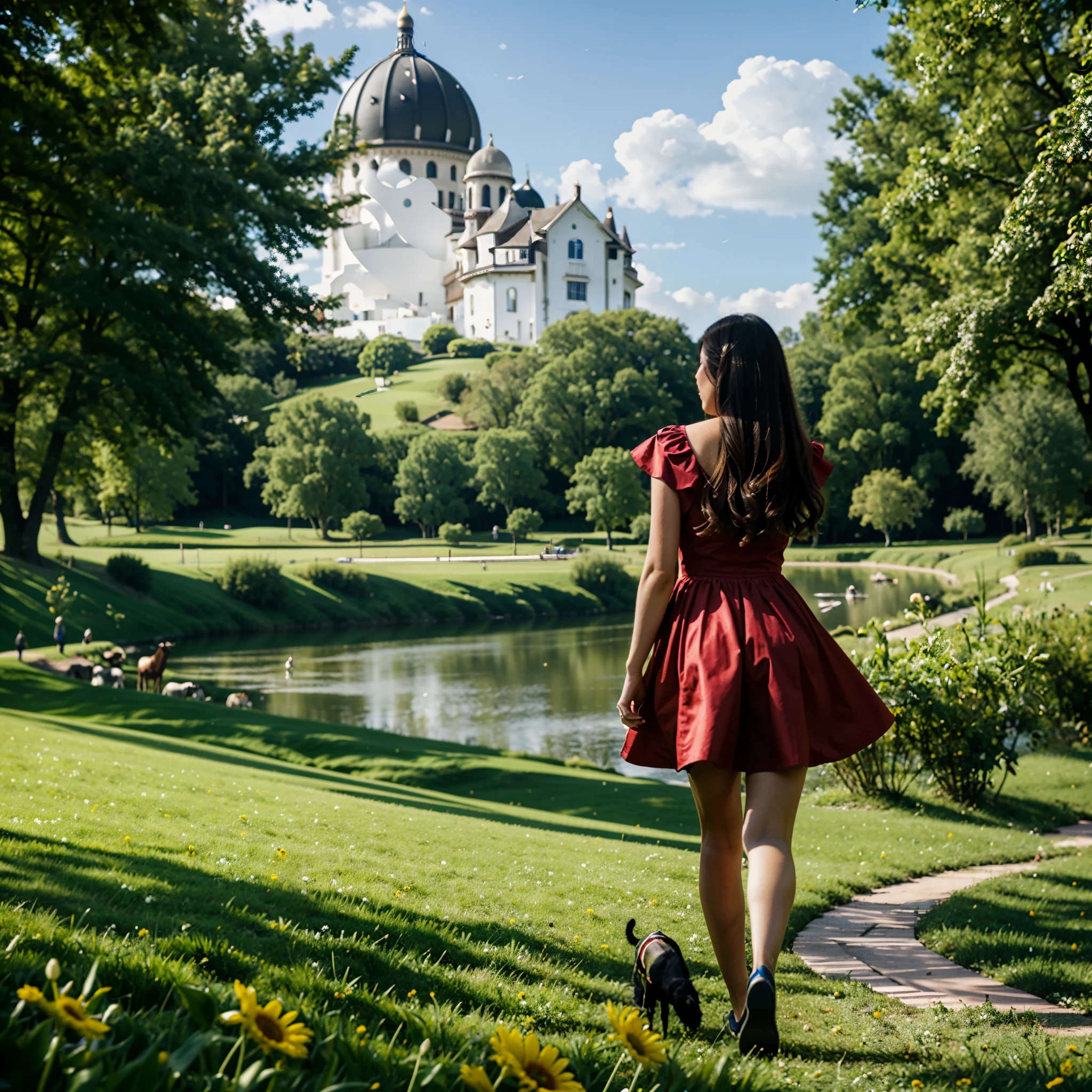 a group of beautiful girls in cute summer red dresses, dancing in tall green grass, green grassland, blue sky, spring season, river bends, cows grazing in the distance, cloud on sky, perfect proportionated face, (beautiful face, a blue river)