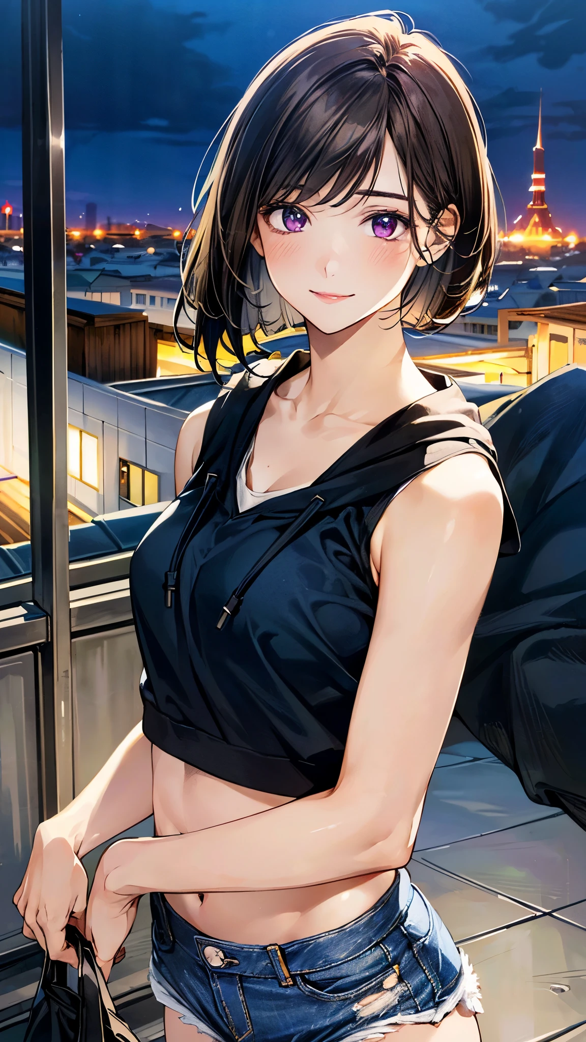 (masterpiece:1.2, top-quality, ultra high res, ultra detailed), (realistic, photorealistic:1.4), beautiful illustration, (natural side lighting, movie lighting),
looking at viewer, (face focus, upper body), 1 girl, japanese, high school girl, perfect face, (perfect anatomy), cute and symmetrical face, , shiny skin, slender
(short hair:1.2, bob cut:1.2, light brown hair), asymmetrical bangs, purple eyes, long eye lasher, (medium breasts),
beautiful hair, beautiful face, beautiful detailed eyes, beautiful clavicle, beautiful body, beautiful chest, beautiful thigh, beautiful legs,
((detailed cloth texture, casual fashion, (midriff:1.1), black hoodie, ripped micro shorts made of denim fabric)),
(beautiful scenery), midnight, (rooftop, beautiful night view), standing, shy look, (lovely smile, upper eyes),
