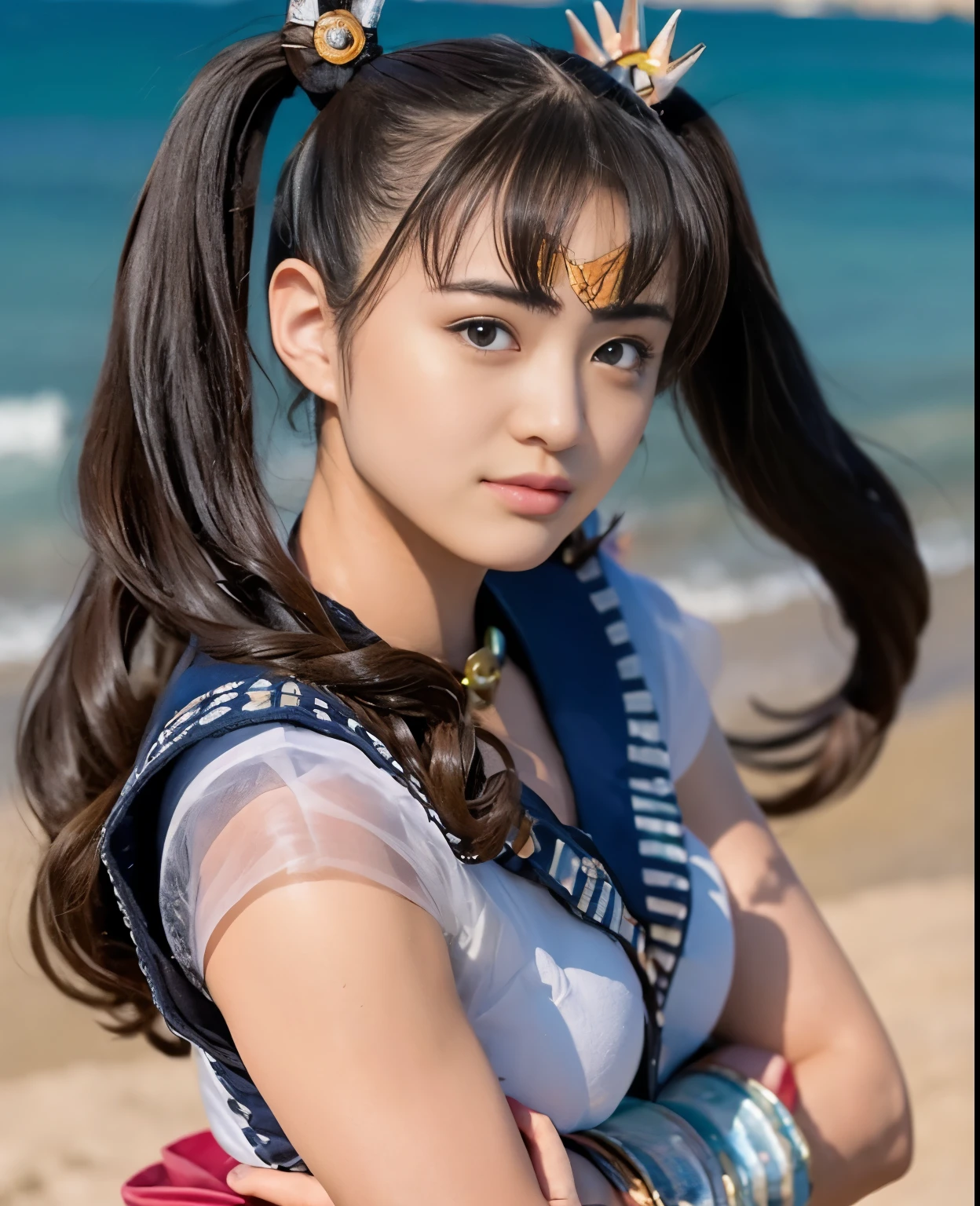 (highest quality:1.2),(perfect beautiful face:1.2),(perfect and beautiful posture:1.2),(japanese woman:1.1),twin tails, On the beach in midsummer, smile, big breasts, thick muscular body,Ultra-high precision photos,clear eyes, ((sailor moon costume:1.2))