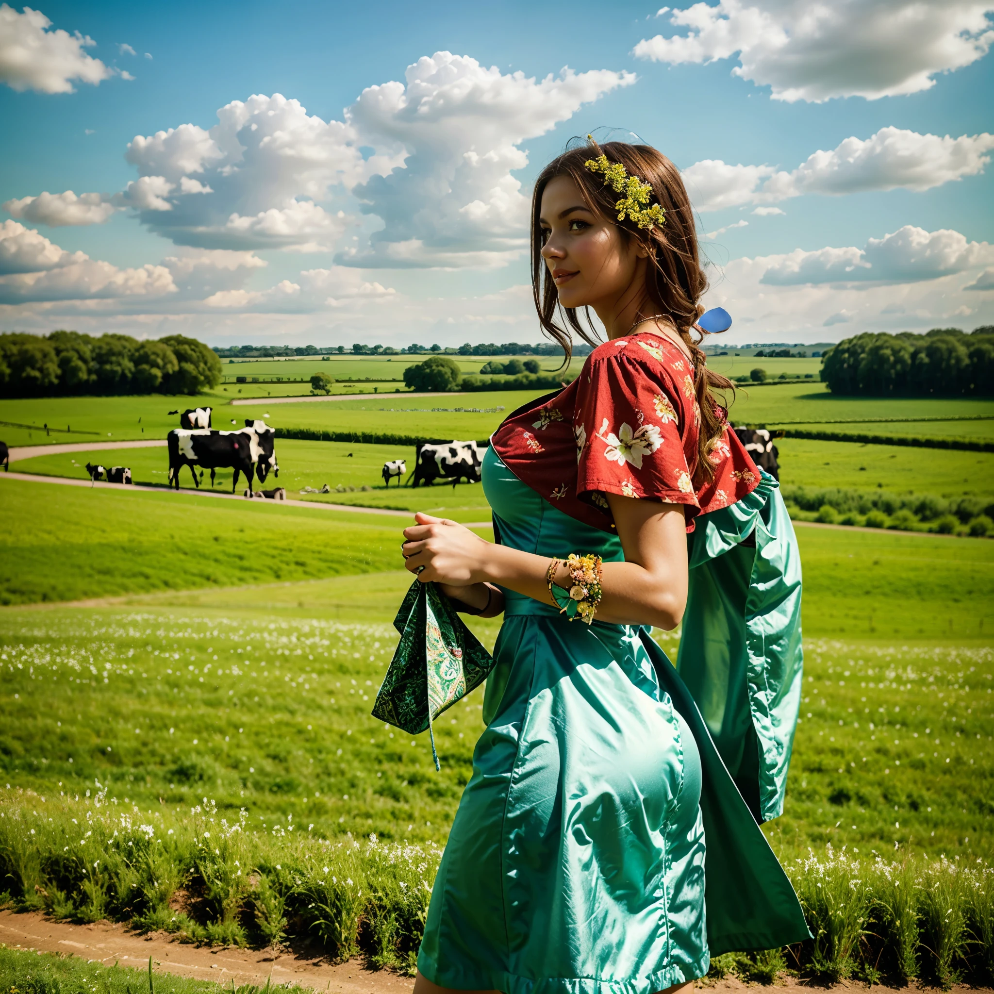 busty woman in cute summer red dress, dancing in tall green grass, green grassland, blue sky, spring season, river bends, cows grazing in the distance, cloud on sky, perfect proportionated face, beautiful face