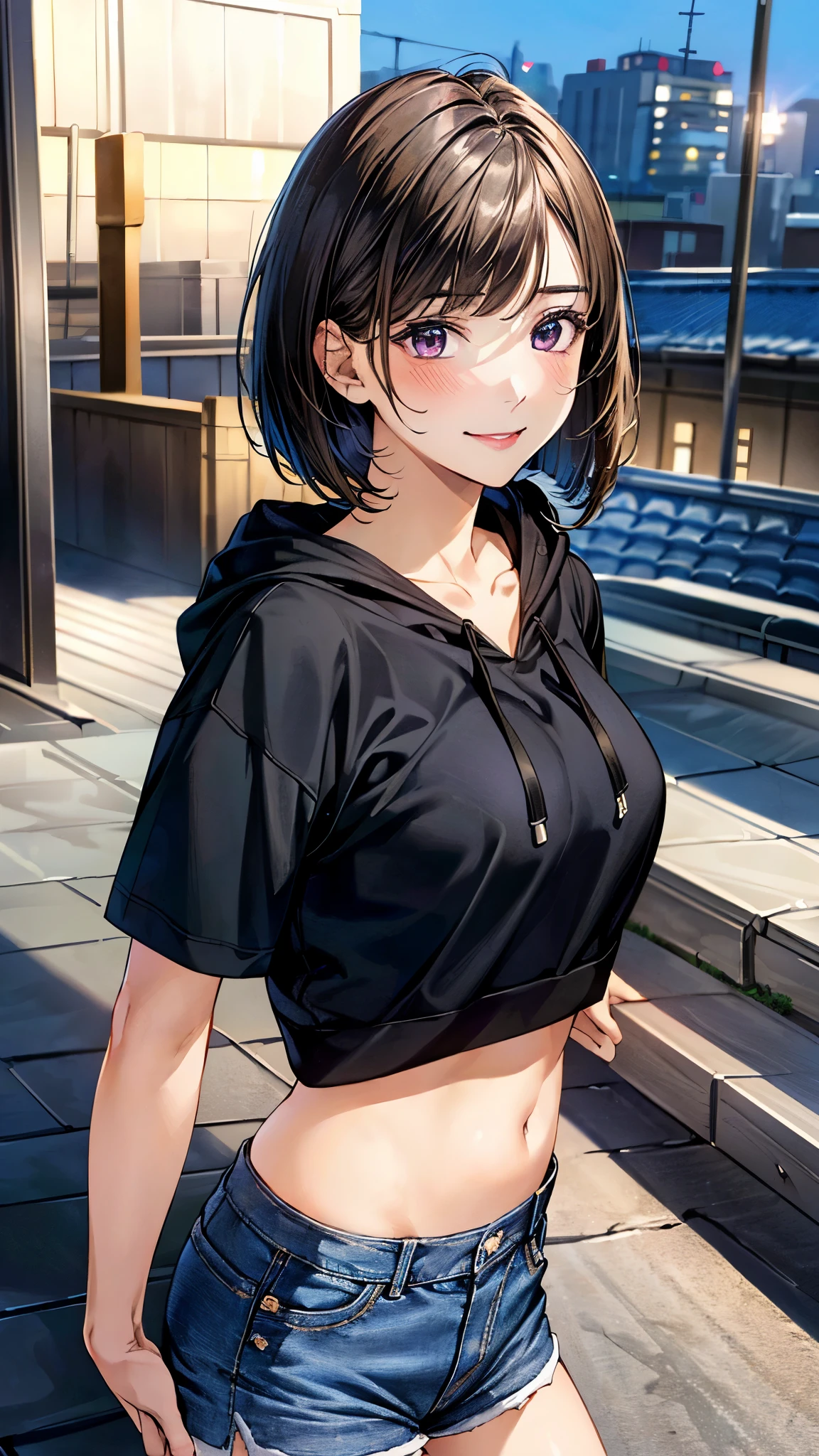 (masterpiece:1.2, top-quality, ultra high res, ultra detailed), (realistic, photorealistic:1.4), beautiful illustration, (natural side lighting, movie lighting), 
looking at viewer, (face focus, upper body), 1 girl, japanese, high school girl, perfect face, (perfect anatomy), cute and symmetrical face, baby face, shiny skin, slender
(short hair:1.2, bob cut:1.2, light brown hair), asymmetrical bangs, purple eyes, long eye lasher, (medium breasts), 
beautiful hair, beautiful face, beautiful detailed eyes, beautiful clavicle, beautiful body, beautiful chest, beautiful thigh, beautiful legs, 
((detailed cloth texture, casual fashion, (midriff:1.1), black hoodie, ripped micro shorts made of denim fabric)), 
(beautiful scenery), midnight, (rooftop, beautiful night view), standing, shy look, (lovely smile, upper eyes), 