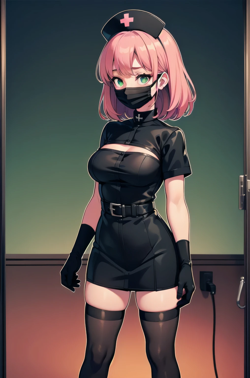 black nurse, 1 female, alone, black nurse cap, Blackware, ((black legwear, zettai ryouiki)), black elbow gloves, pink hair, green eyes, droopy eyes, ((black surgical mask, covered nose)), Are standing, ((operating room)), sharp outline, short sleeve, mature woman, 32 years old, highest quality, masterpiece