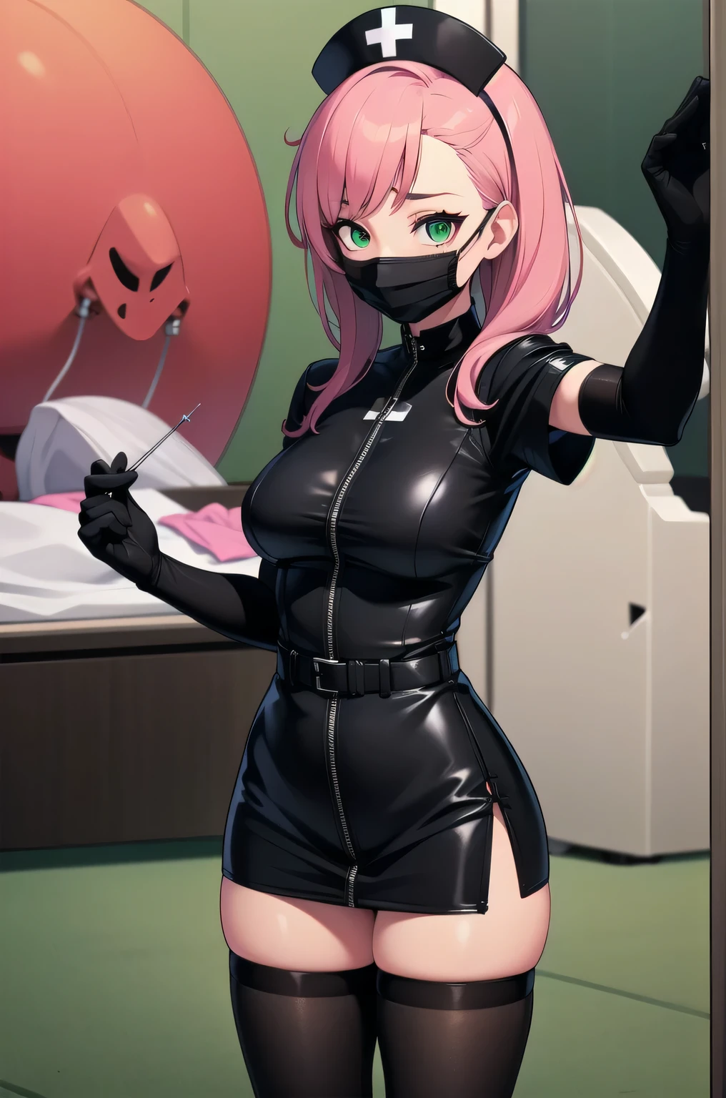 black nurse, 1 female, alone, black nurse cap, Blackware, ((black legwear, zettai ryouiki)), black elbow gloves, pink hair, green eyes, droopy eyes, ((black surgical mask, covered nose)), Are standing, ((operating room)), sharp outline, short sleeve, mature woman, 32 years old, highest quality, masterpiece