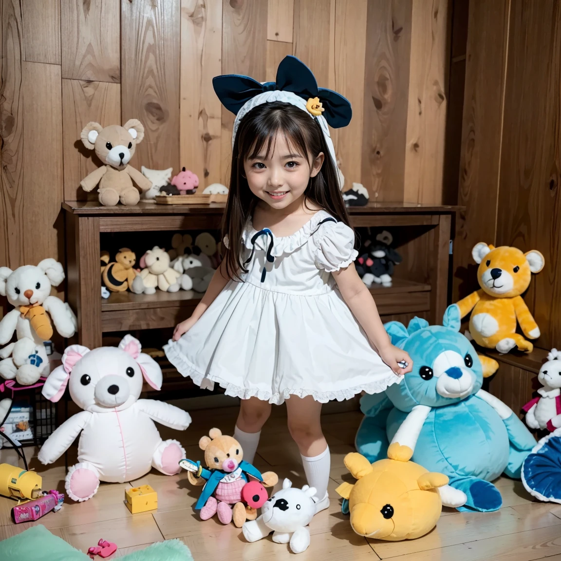 Highest image quality、highest quality、highest resolution、masterpiece、shot at low angle、full body shot、hair ornaments、((Cute 10 year old 4th grade girl))、brown long hair、(I love toys, dolls, stuffed animals, and anime character stuffed animals.:1.5)、smile、（Pink polka dot frilly underwear:1.5）、（Have toys, dolls, stuffed animals, or anime character stuffed animals:1.5）、(lean body:1.2)、(:1.2)、wearing slippers、old dilapidated and rotten wooden house、(Lots of toys, dolls, stuffed animals, and anime character stuffed animals are scattered on the floor.:1.5)、(The walls are decorated with lots of toys, dolls, stuffed animals, and anime character stuffed animals.:1.5)